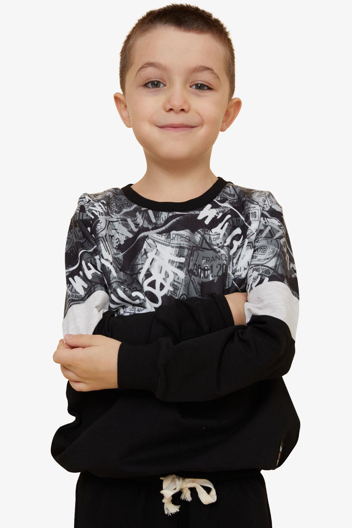 Breeze Erkek Çocuk Sweatshirt Desenli Siyah (6-12 Yaş)