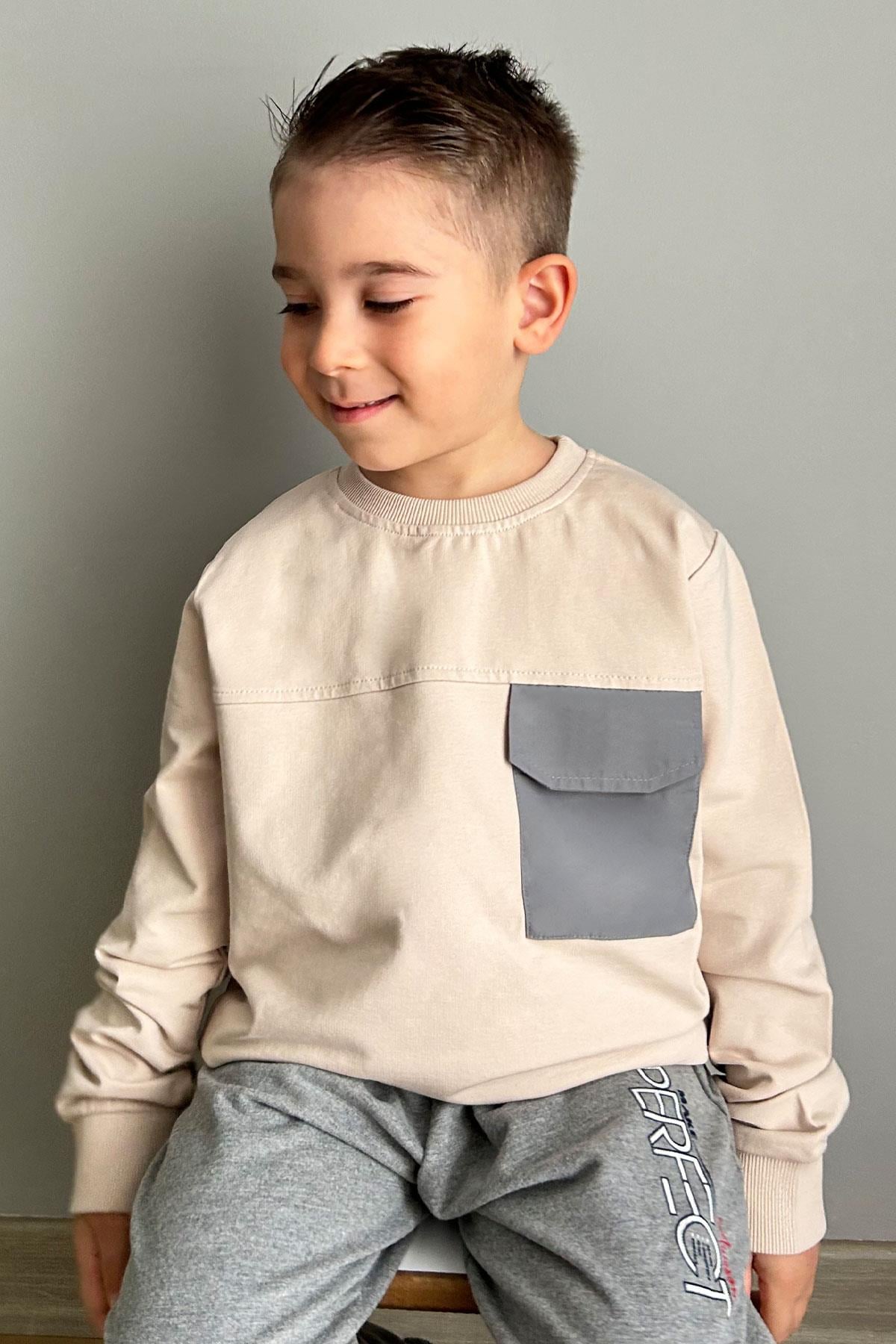 Breeze Erkek Çocuk Sweatshirt Kapaklı Cep Detaylı Bej (6-12 Yaş)