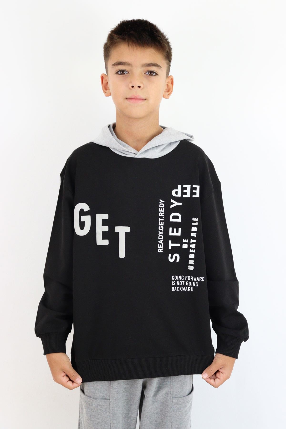 Breeze Erkek Çocuk Sweatshirt Kapüşonlu Yazı Baskılı Siyah (8-12 Yaş)