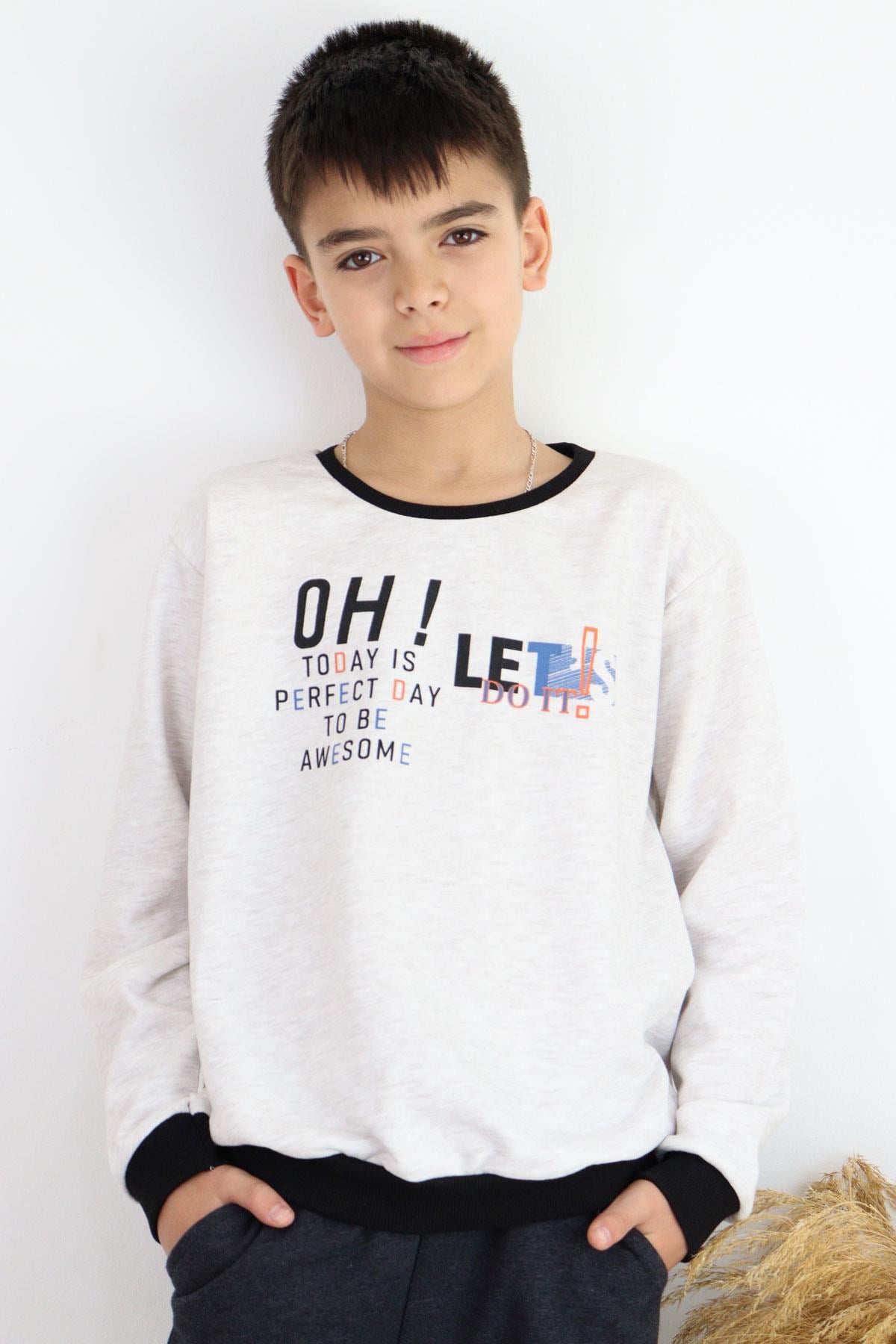 Breeze Erkek Çocuk Sweatshirt Renkli Yazı Baskılı Bej Melanj (10-16 Yaş)