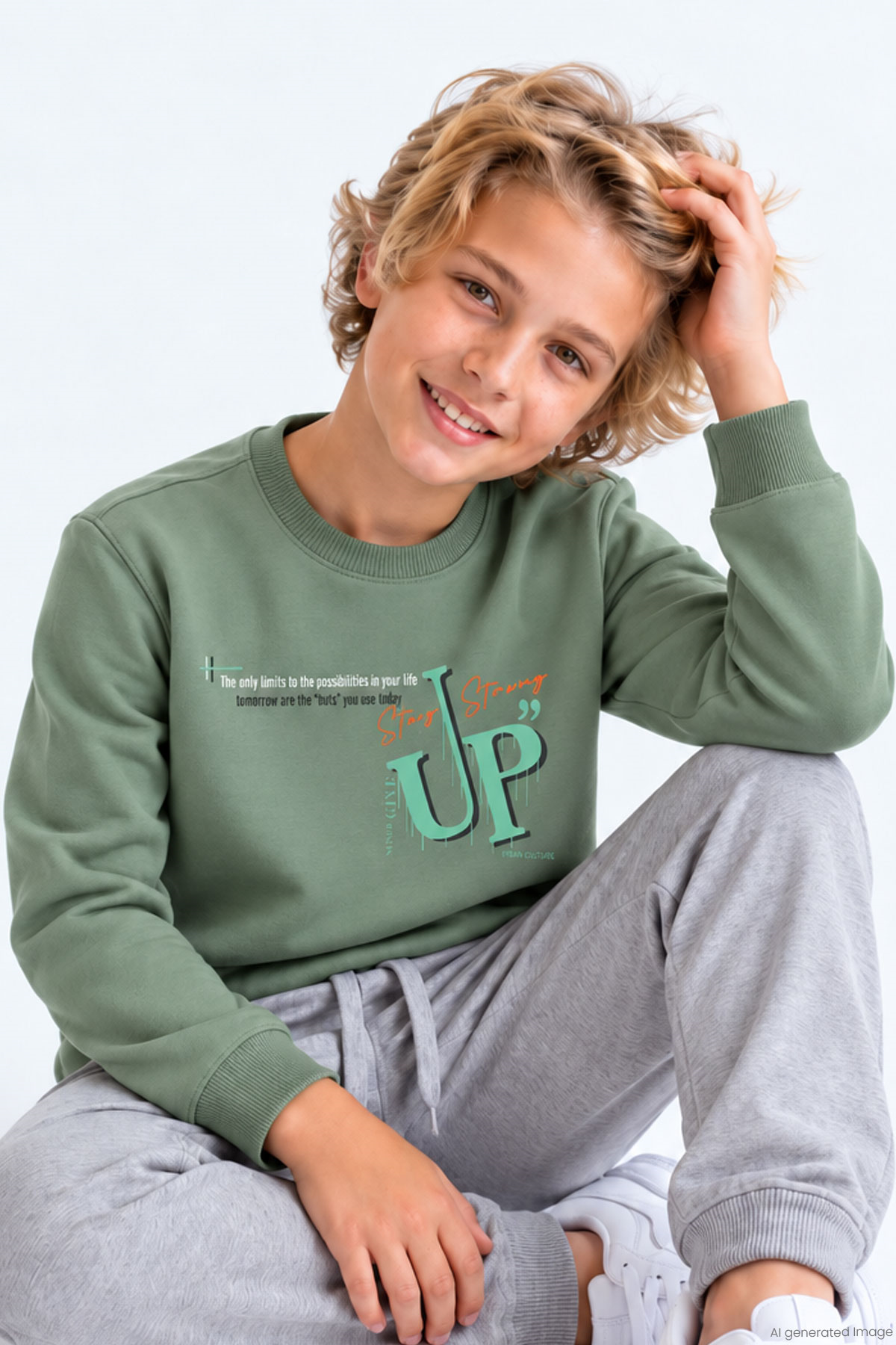 Breeze Erkek Çocuk Sweatshirt Sırt Yazı Baskı Detaylı Mint Yeşili (5-9 Yaş)