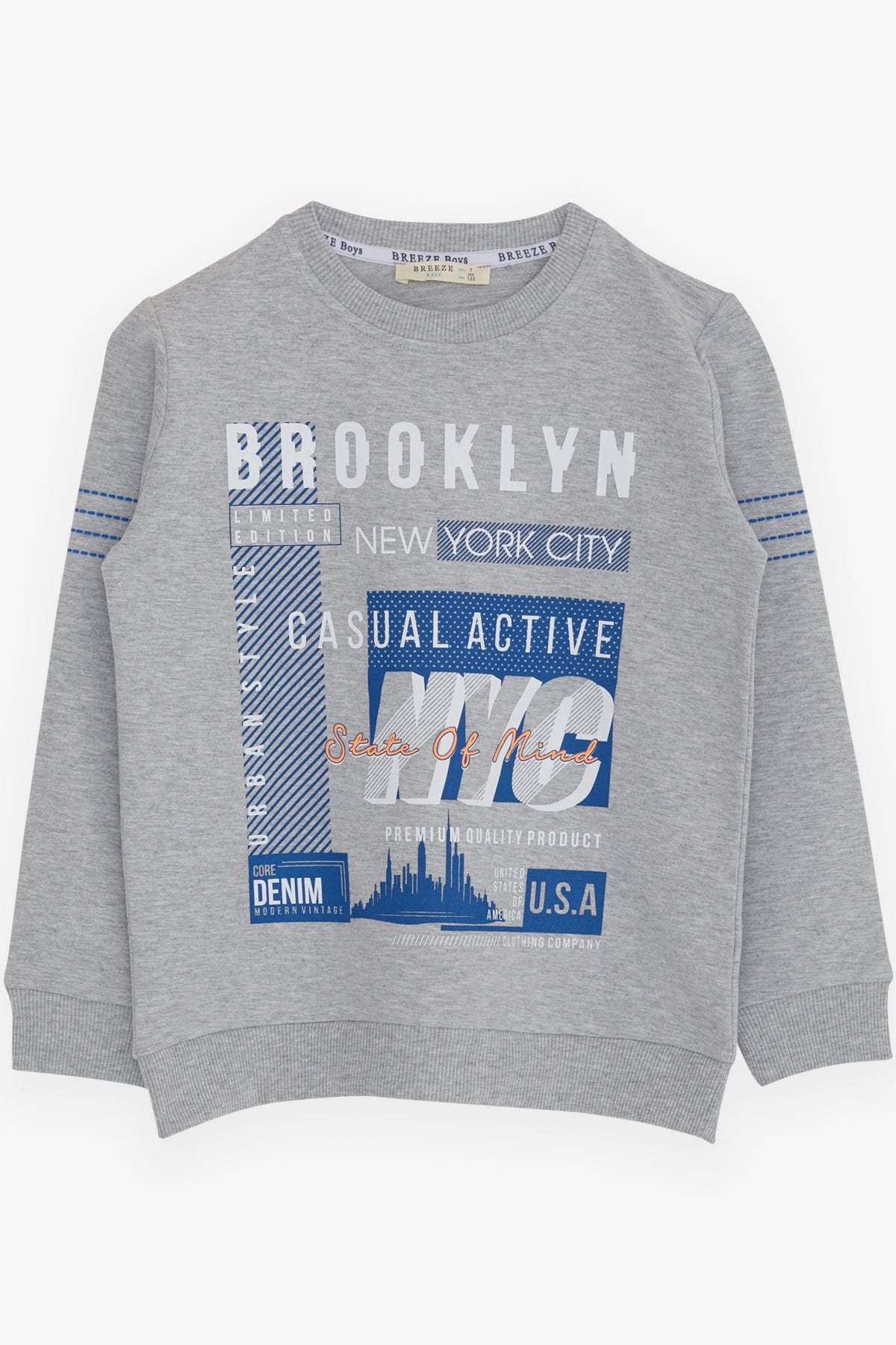 Breeze Erkek Çocuk Sweatshirt Yazı Baskılı Açık Gri Melanj (7-12 Yaş)