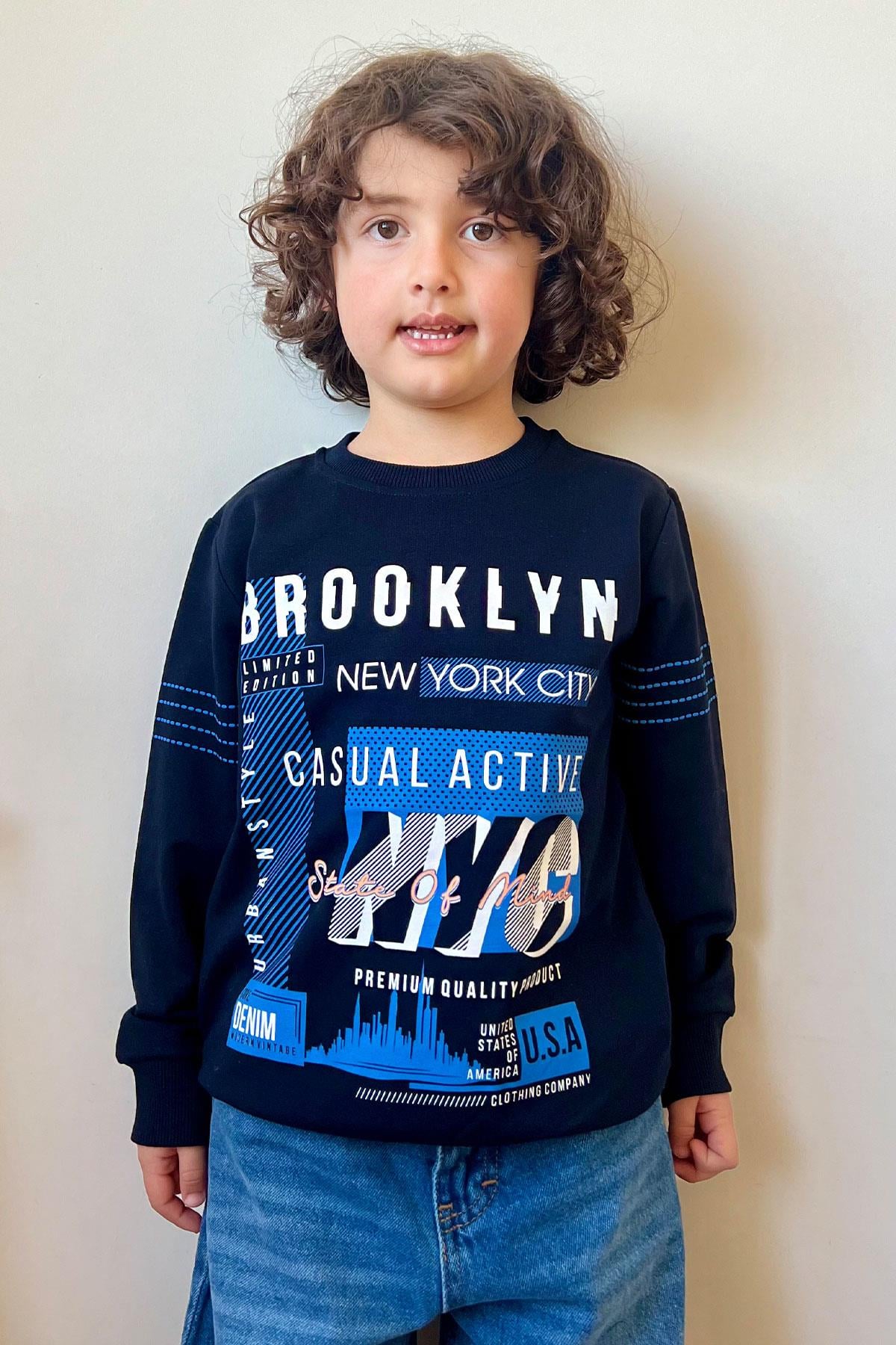 Breeze Erkek Çocuk Sweatshirt Yazı Baskılı Lacivert (7-12 Yaş)