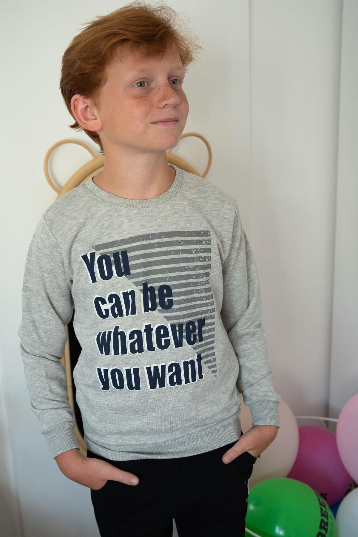 Breeze Erkek Çocuk Sweatshirt Yazı Baskılı Koyu Gri Melanj (8-9 Yaş)
