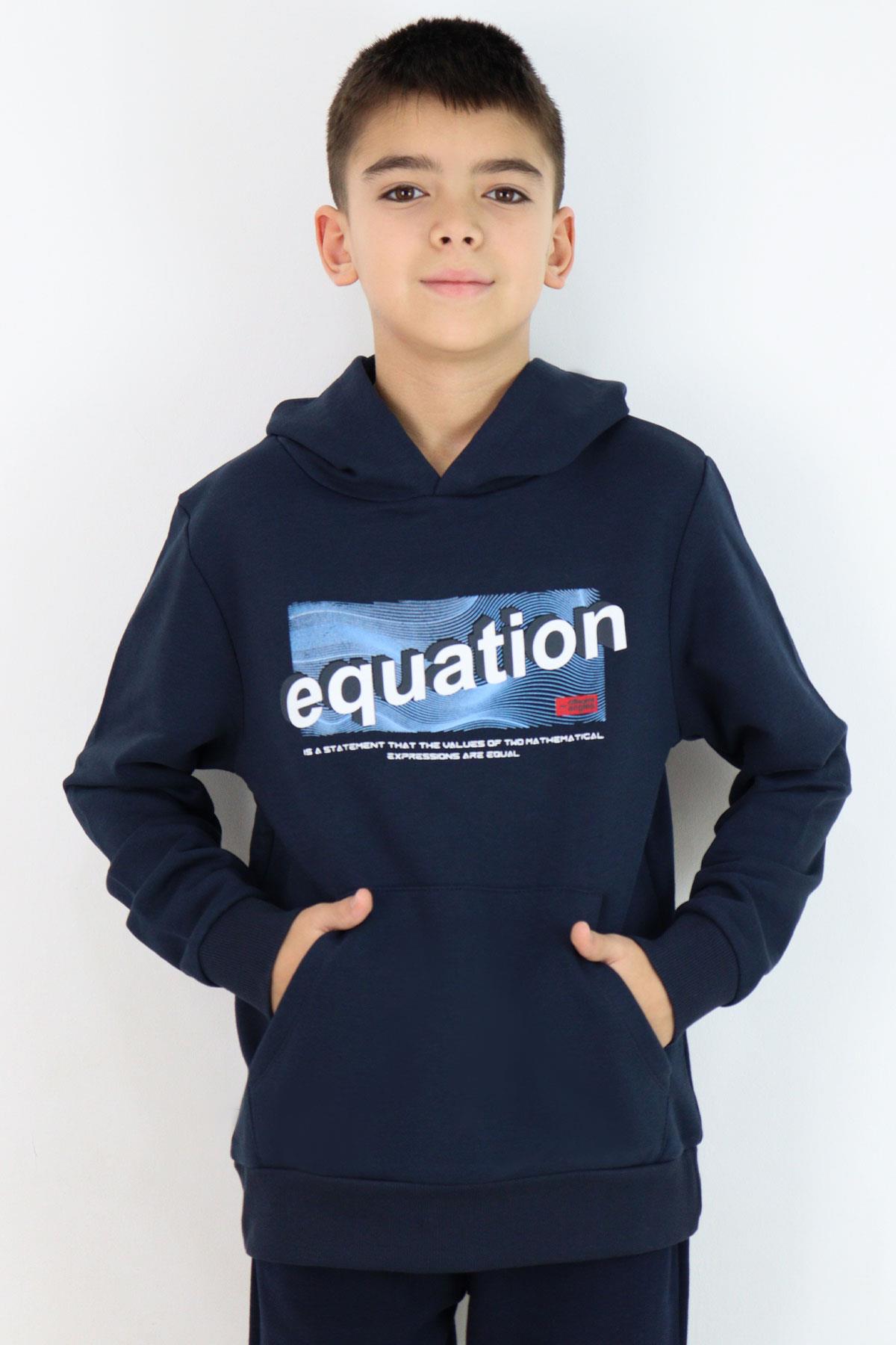 Breeze Erkek Çocuk Sweatshirt Yazı Baskılı Kanguru Cepli Kapüşonlu Lacivert (8-14 Yaş)