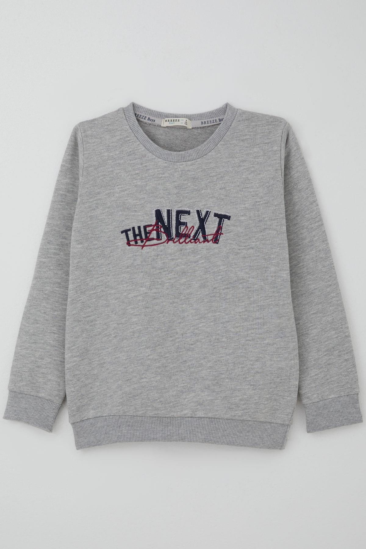 Breeze Erkek Çocuk Sweatshirt Yazı Nakış Baskılı Gri Melanj (5-10 Yaş)