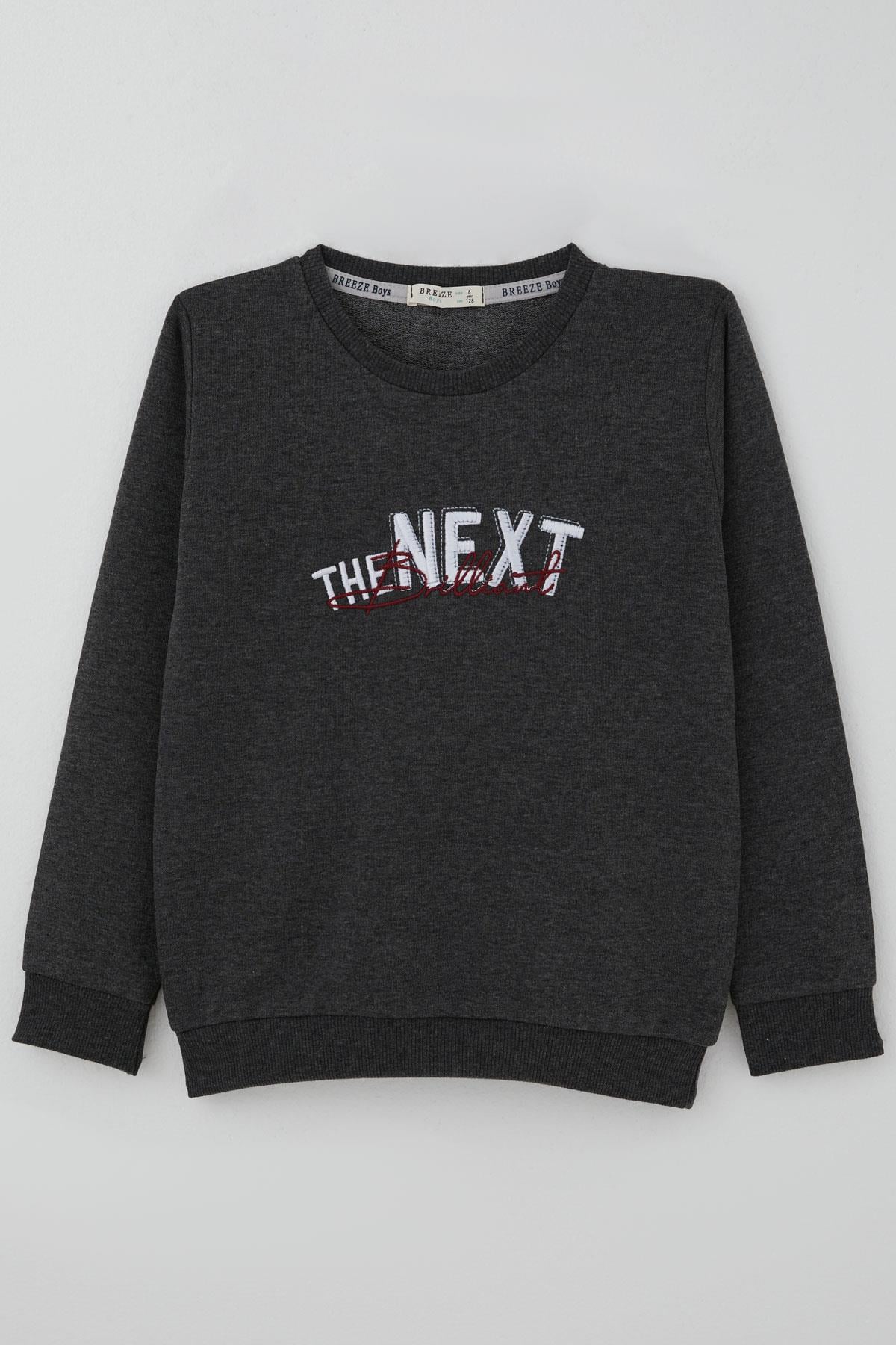 Breeze Erkek Çocuk Sweatshirt Yazı Nakış Baskılı Koyu Gri Melanj (5-10 Yaş)