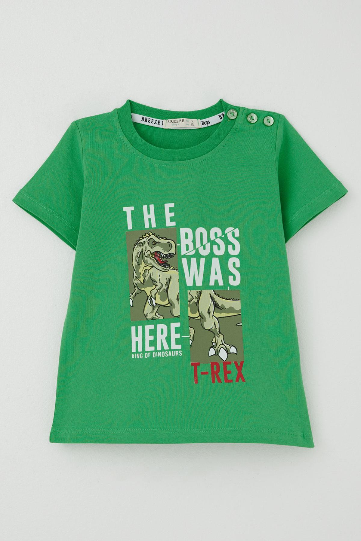 Breeze Erkek Çocuk Tişört Güçlü Dinozor Baskılı Yeşil (1.5-5 Yaş)