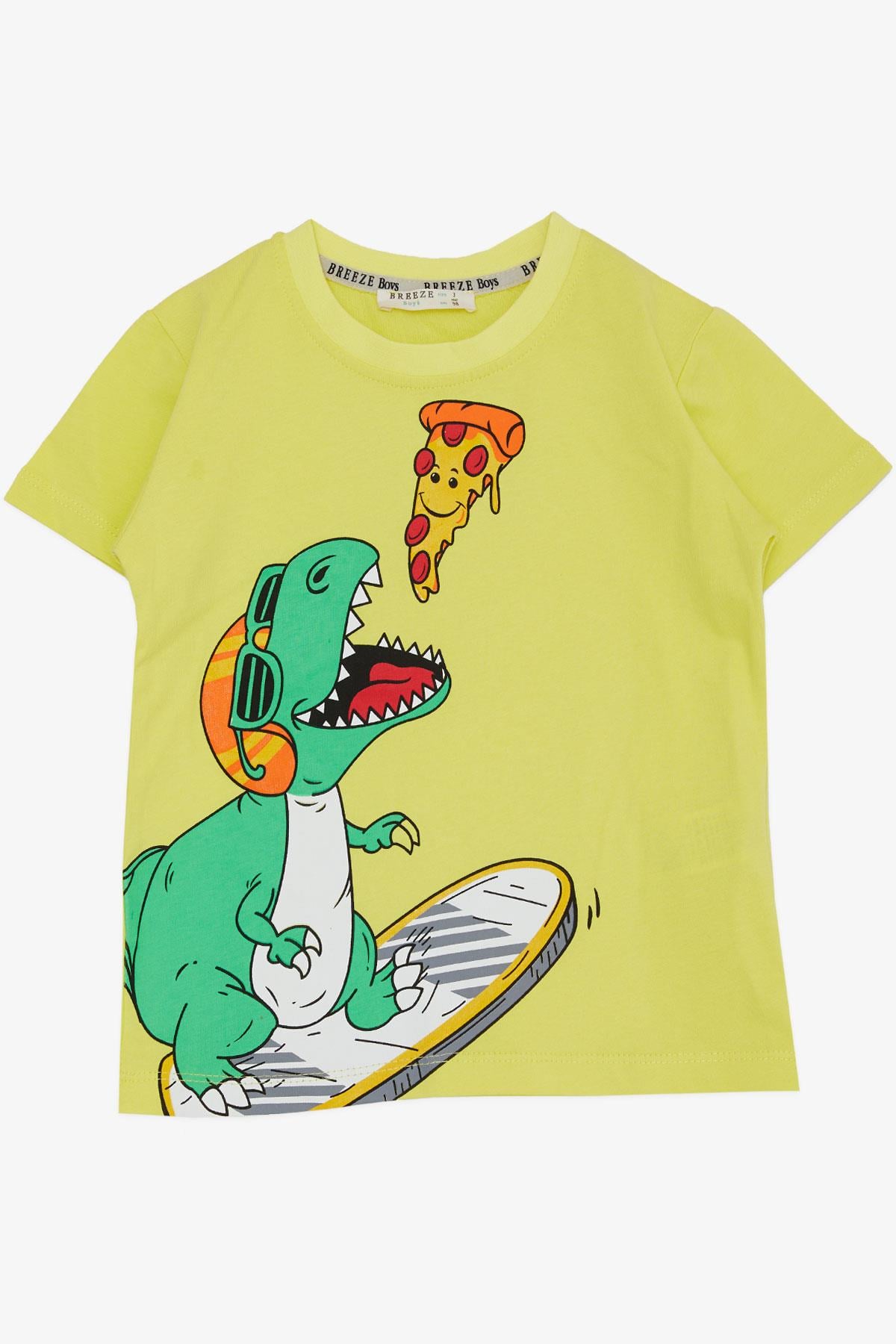 Breeze Erkek Çocuk Tişört Pizza Yiyen Mutlu Dinozor Baskılı Sarı (2-6 Yaş)