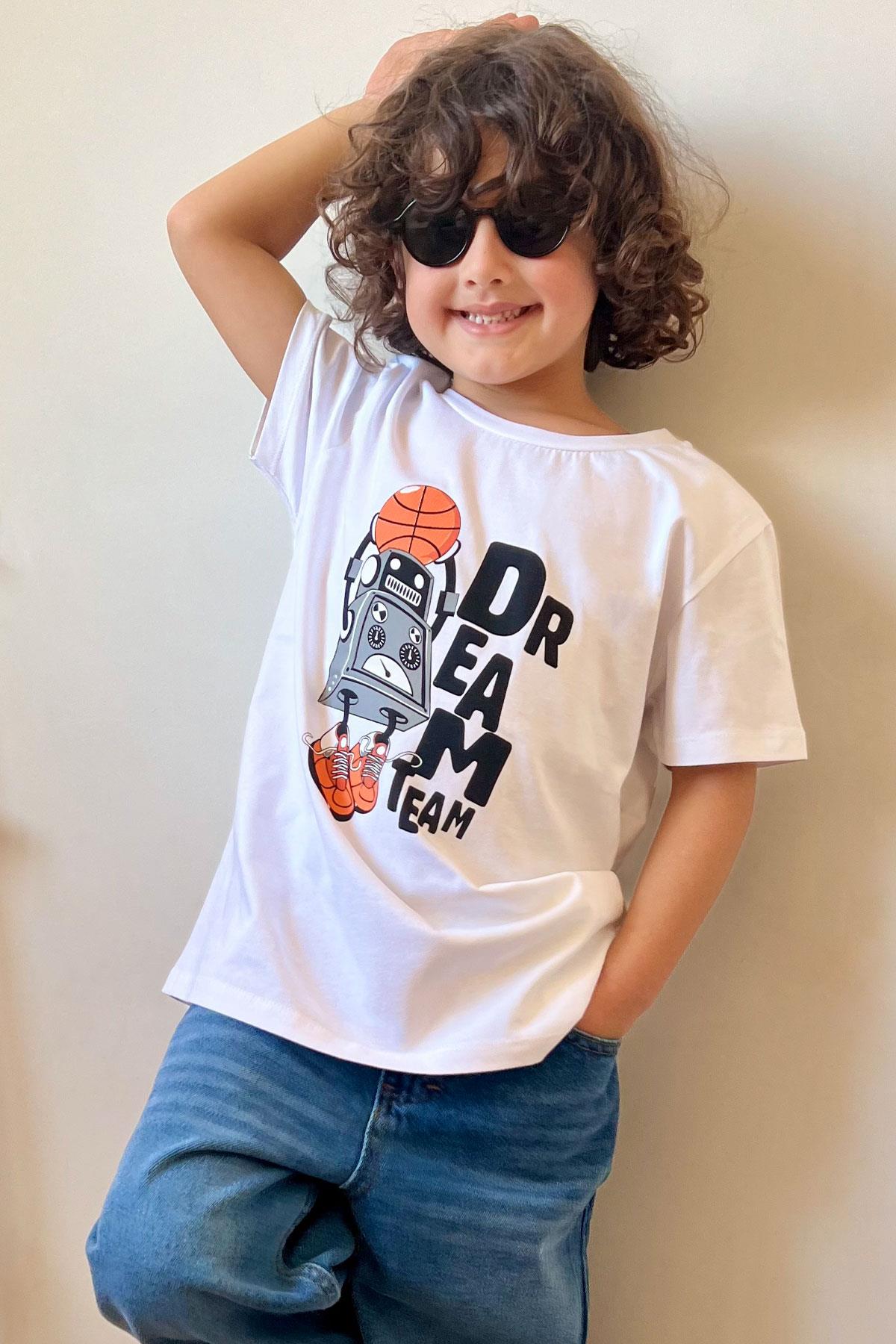 Breeze Erkek Çocuk Tişört Rüya Takım Temalı Basketçi Robot Baskılı Beyaz (4-7 Yaş)