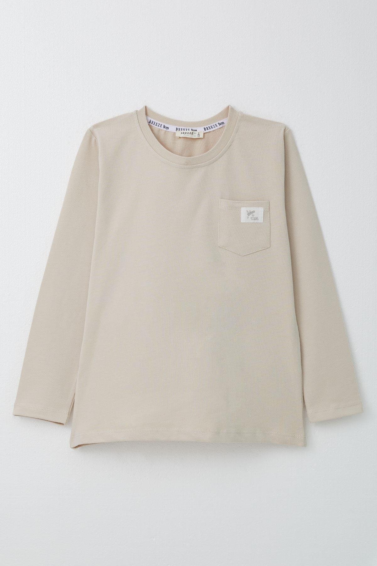 Breeze Erkek Çocuk Uzun Kollu Tişört Cool Yazı Armalı Cepli Bej (4-8 Yaş)