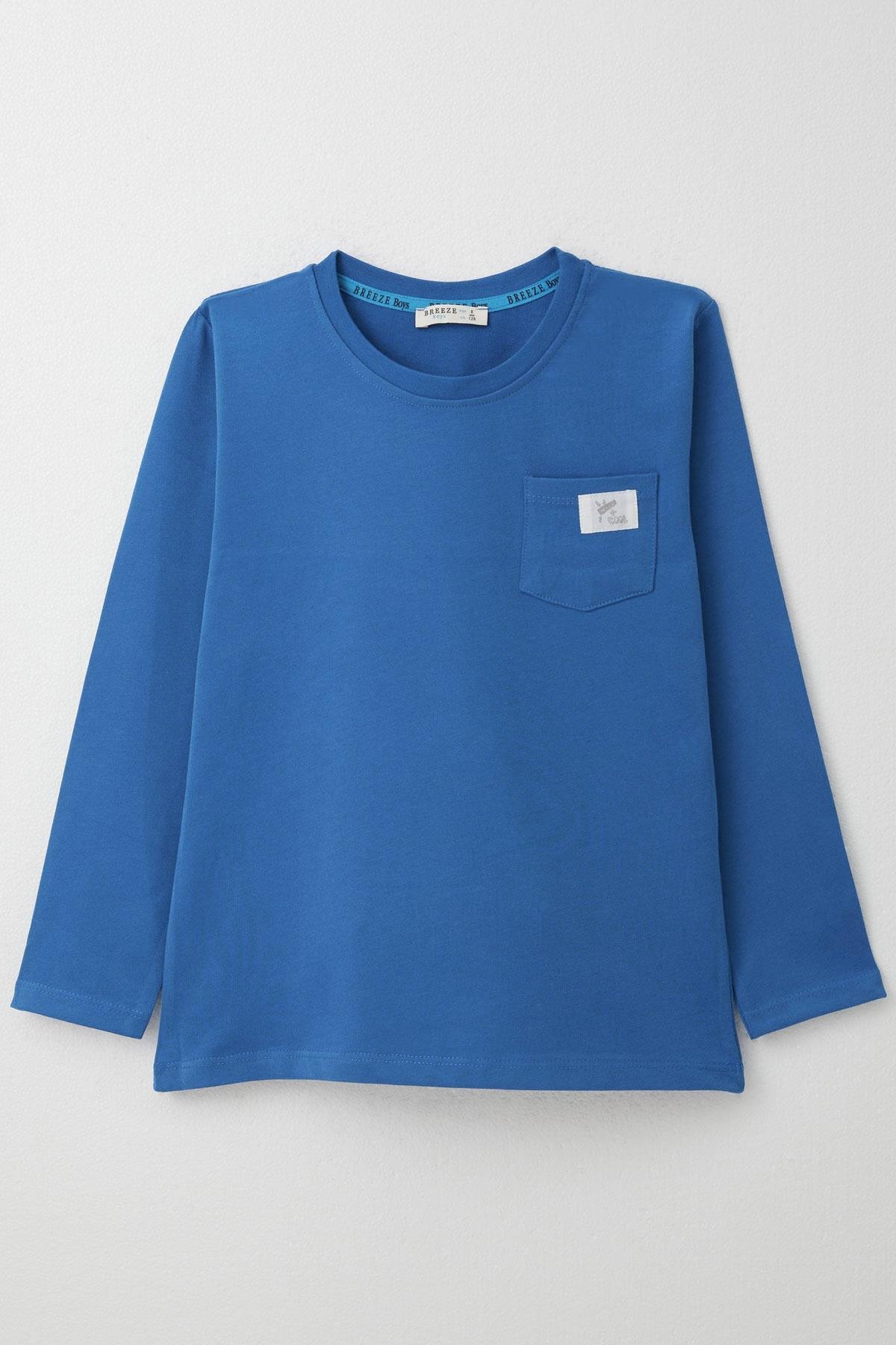Breeze Erkek Çocuk Uzun Kollu Tişört Cool Yazı Armalı Cepli Saks Mavisi (4-8 Yaş)
