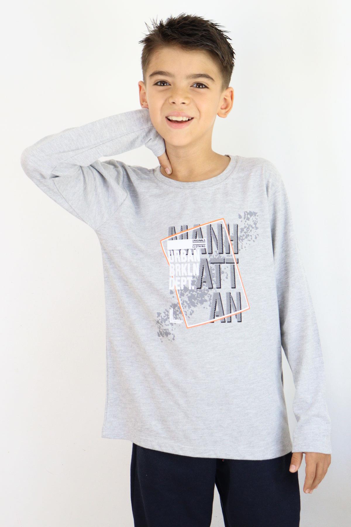 Breeze Erkek Çocuk Uzun Kollu Tişört Desenli Yazı Baskılı Açık Gri Melanj (6-12 Yaş)
