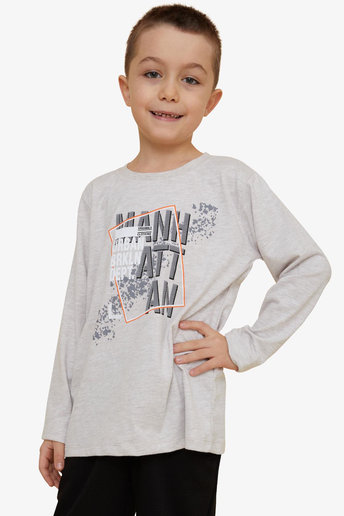 Breeze Erkek Çocuk Uzun Kollu Tişört Desenli Yazı Baskılı Bej Melanj (6-12 Yaş)
