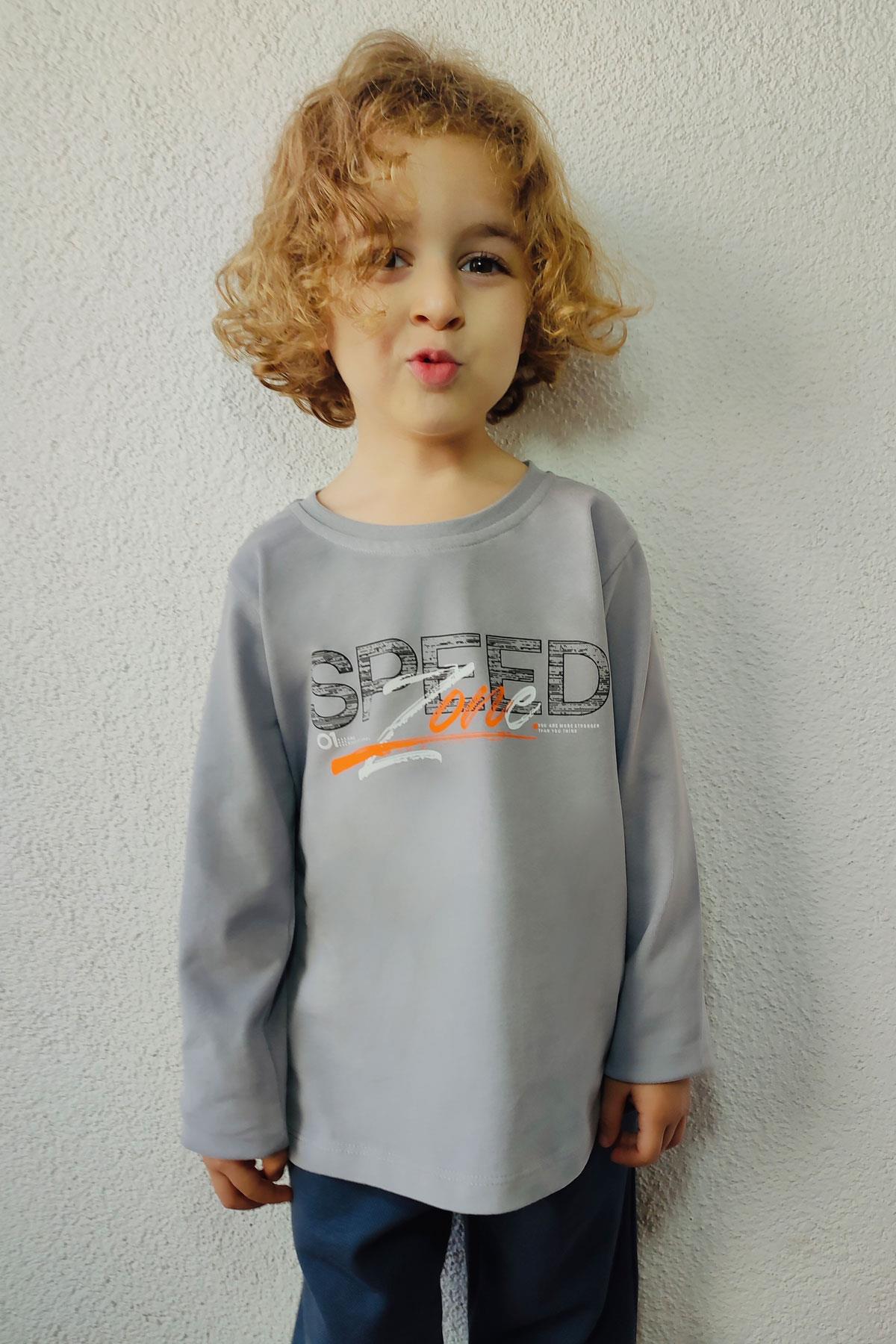 Breeze Erkek Çocuk Uzun Kollu Tişört Hız Temalı Sırt Kısmı Baskılı Gri (2-6 Yaş)