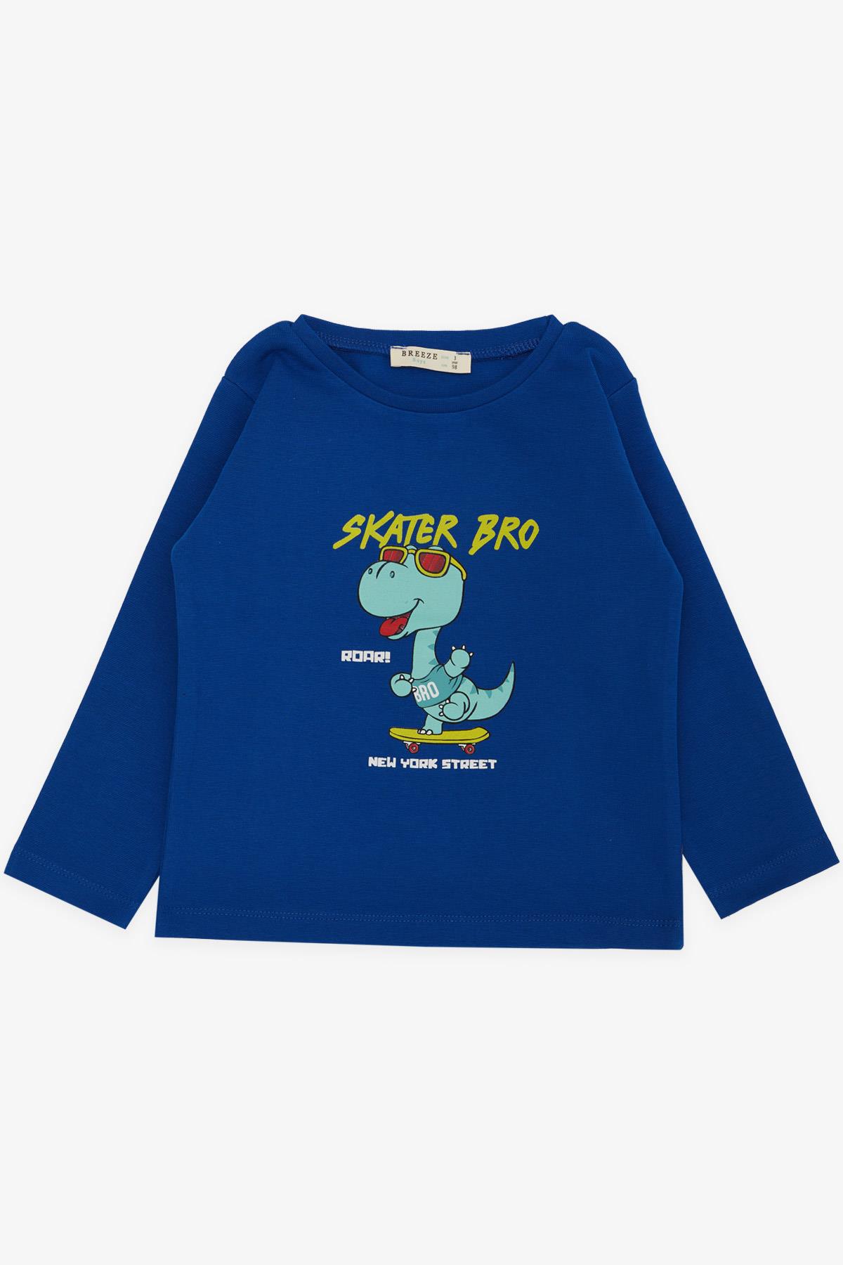 Breeze Erkek Çocuk Uzun Kollu Tişört Kaykaycı Gözlüklü Dinozor Baskılı Saks Mavisi (1-4 Yaş)