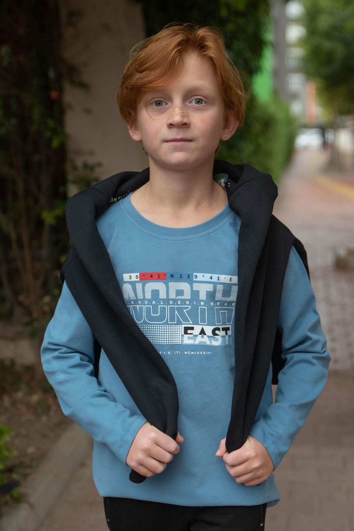 Breeze Erkek Çocuk Uzun Kollu Tişört Yazı Baskılı İndigo (6-12 Yaş)