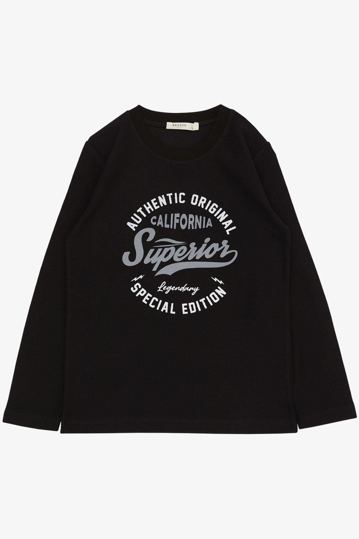 Breeze Erkek Çocuk Uzun Kollu Tişört Yazı Baskılı Fitilli Siyah (6-12 Yaş)