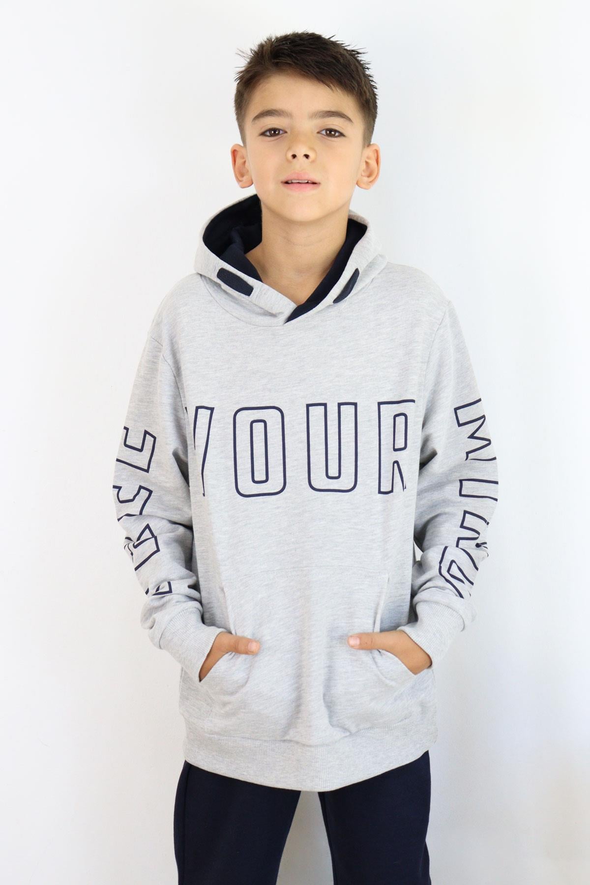 Breeze Erkek Çocuk Yazı Baskılı Sweatshirt Gri Melanj (9-14 Yaş)
