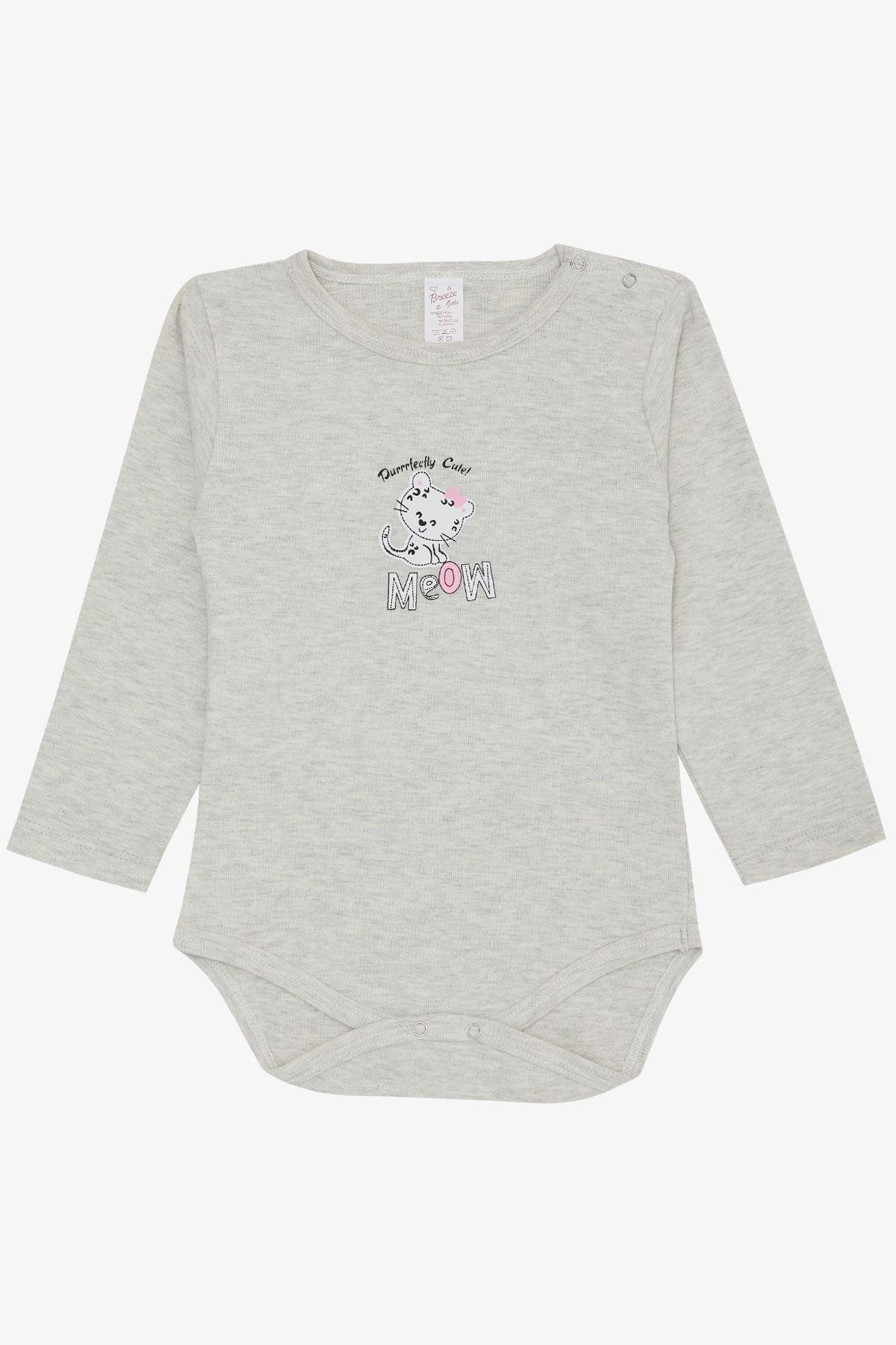 Breeze Kız Bebek Çıtçıtlı Zıbın Body Sevimli Bebek Kedicik Baskılı Açık Gri Melanj (9 Ay-3 Yaş)