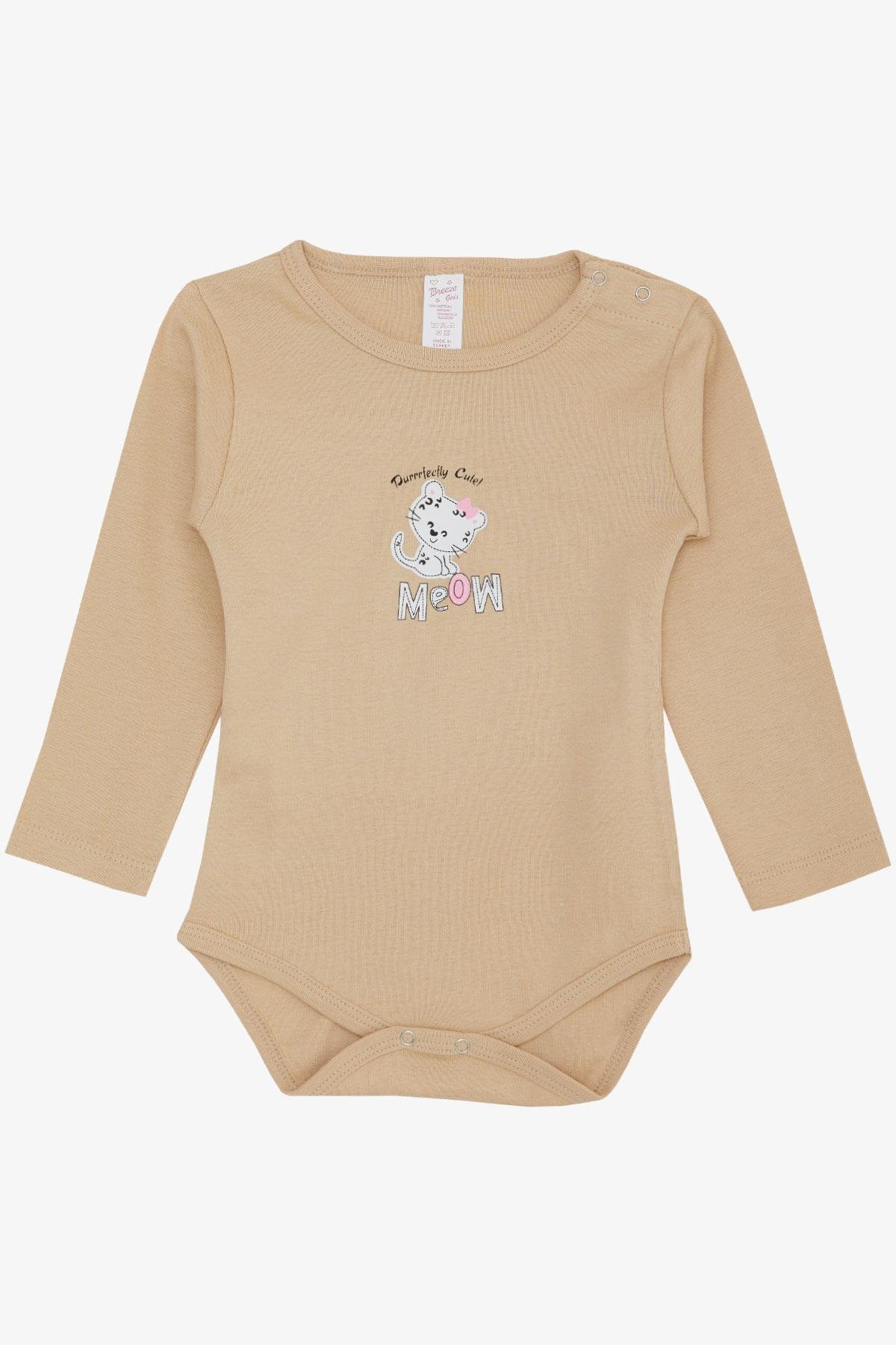 Breeze Kız Bebek Çıtçıtlı Zıbın Body Sevimli Bebek Kedicik Baskılı Bej (9 Ay-3 Yaş)