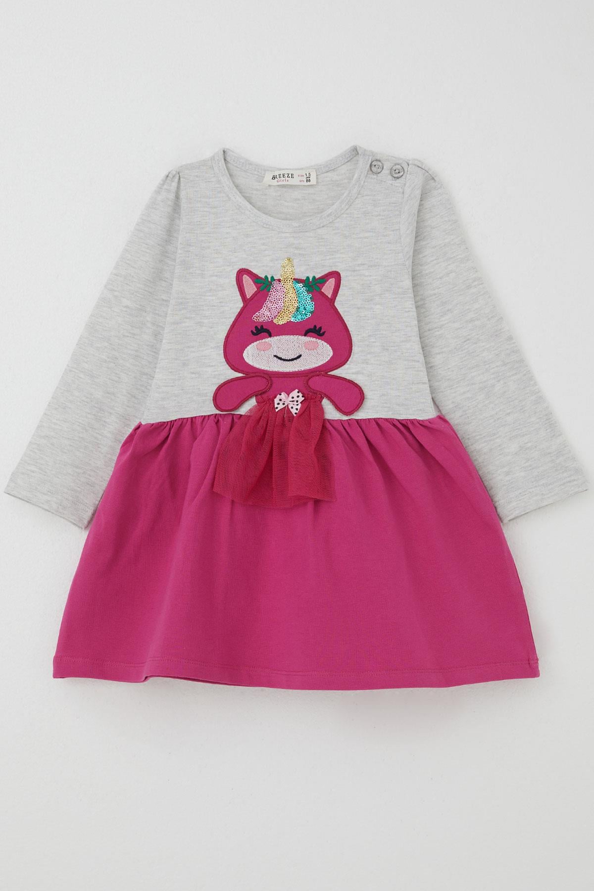 Breeze Kız Bebek Elbise Pullu Nakışlı Kedicik Açık Gri Melanj (1-2 Yaş)