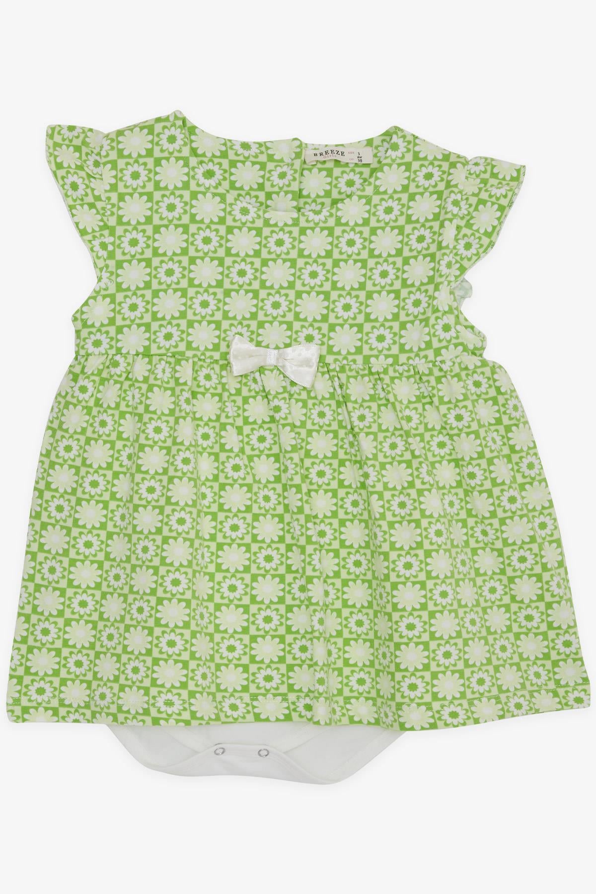 Breeze Kız Bebek Elbise Zıbınlı Çiçek Desenli  Fiyonklu Fıstık Yeşili (9 Ay-3 Yaş)