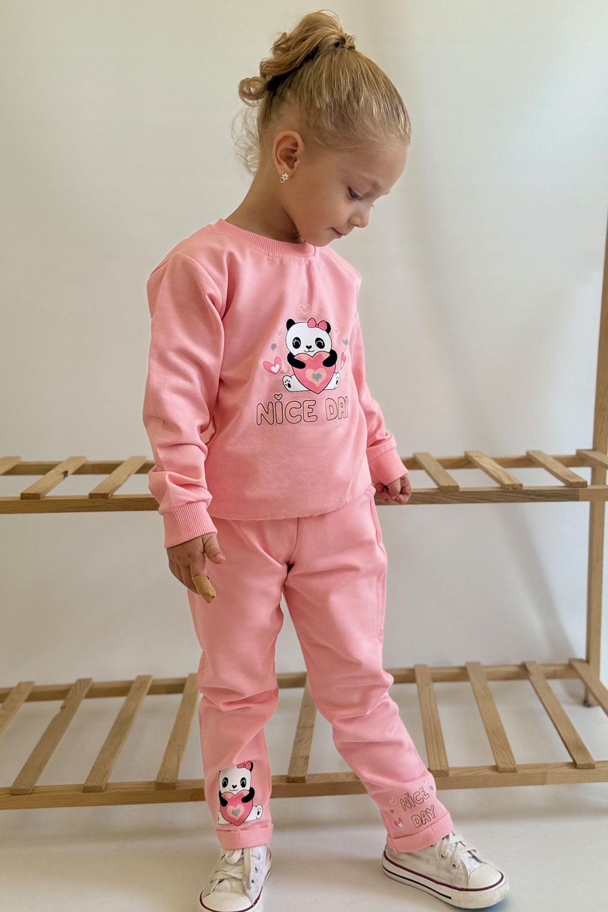 Breeze Kız Bebek Eşofman Takım Mutlu Pandacık Baskılı Pembe (1-3 Yaş)