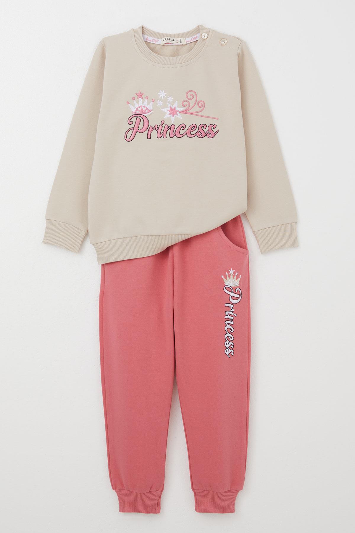 Breeze Kız Bebek Eşofman Takım Prenses Yazı Nakışlı Bej (9 Ay-3 Yaş)