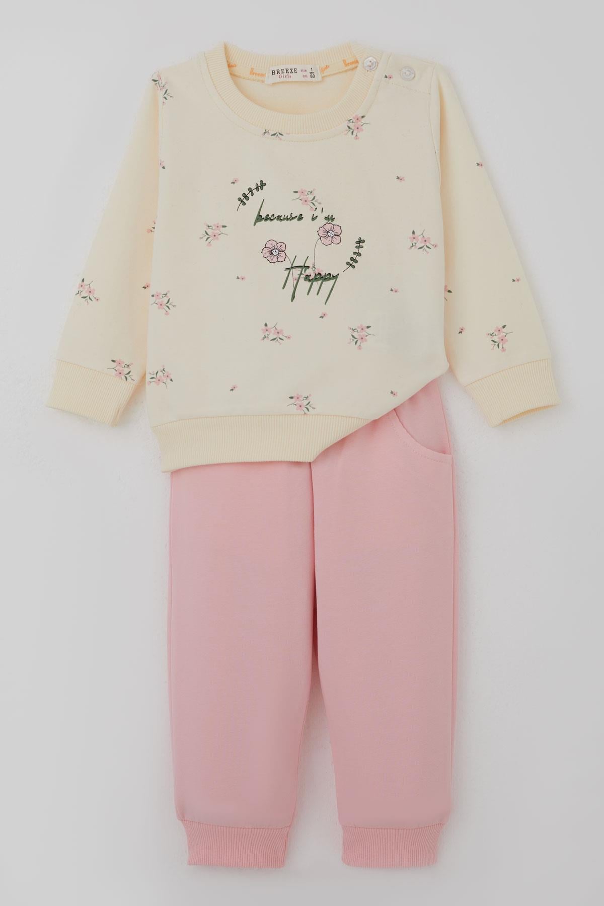 Breeze Kız Bebek Eşofman Takımı Pembe Çiçek Desenli Krem (6 Ay-2 Yaş)