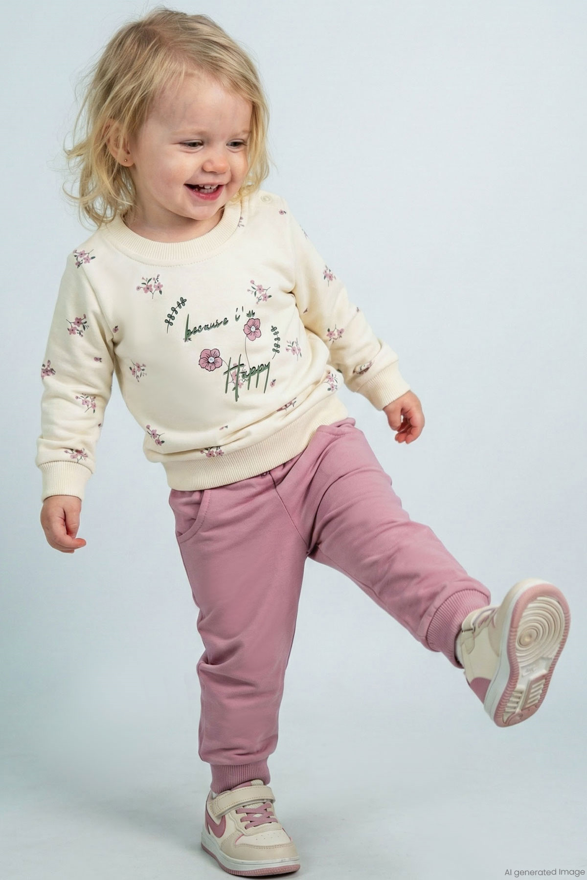 Breeze Kız Bebek Eşofman Takımı Pembe Çiçek Desenli Krem (6 Ay-2 Yaş)