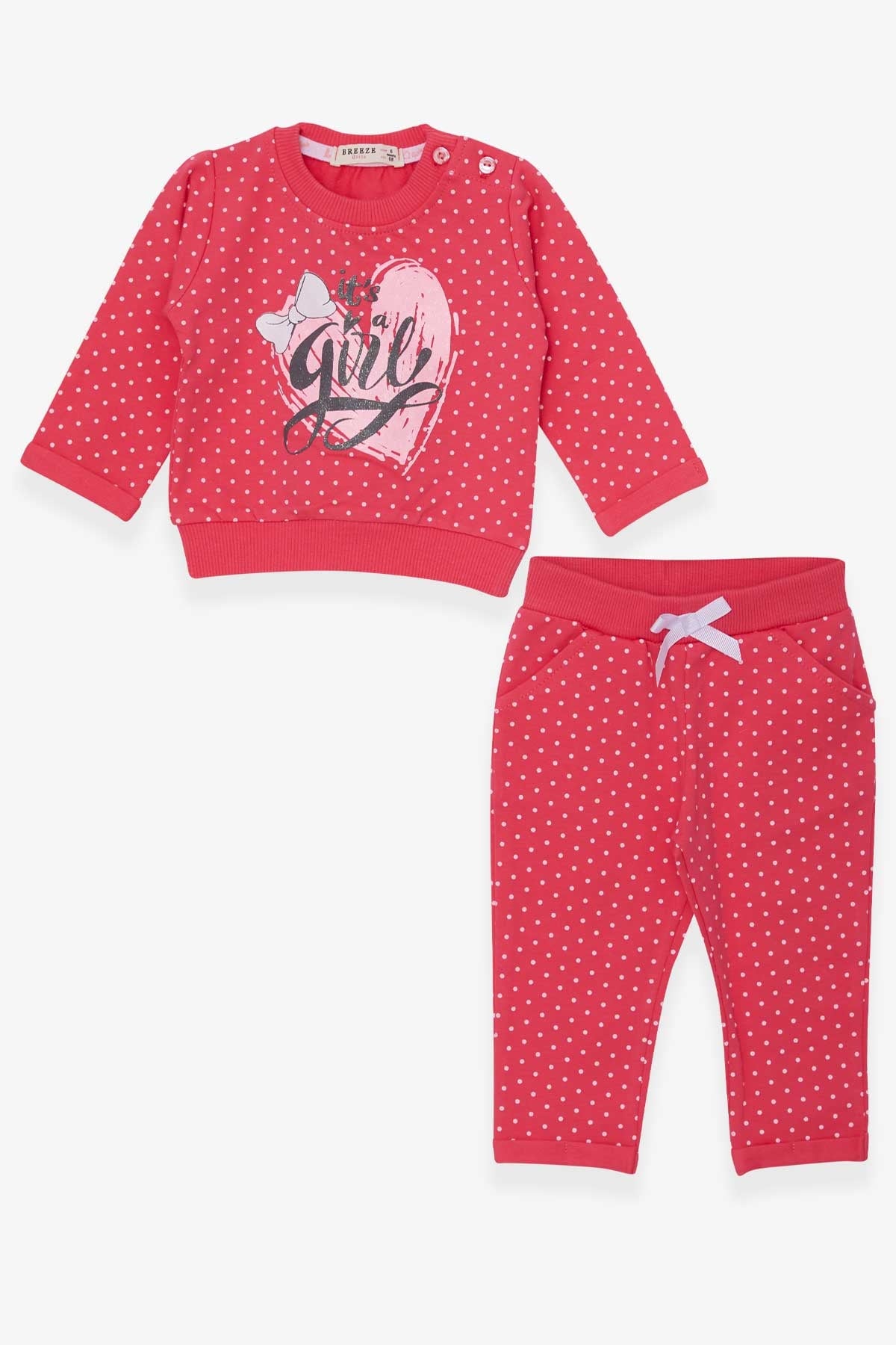 Breeze Kız Bebek Eşofman Takımı Puantiyeli Simli Baskılı Mercan (6 Ay-2 Yaş)
