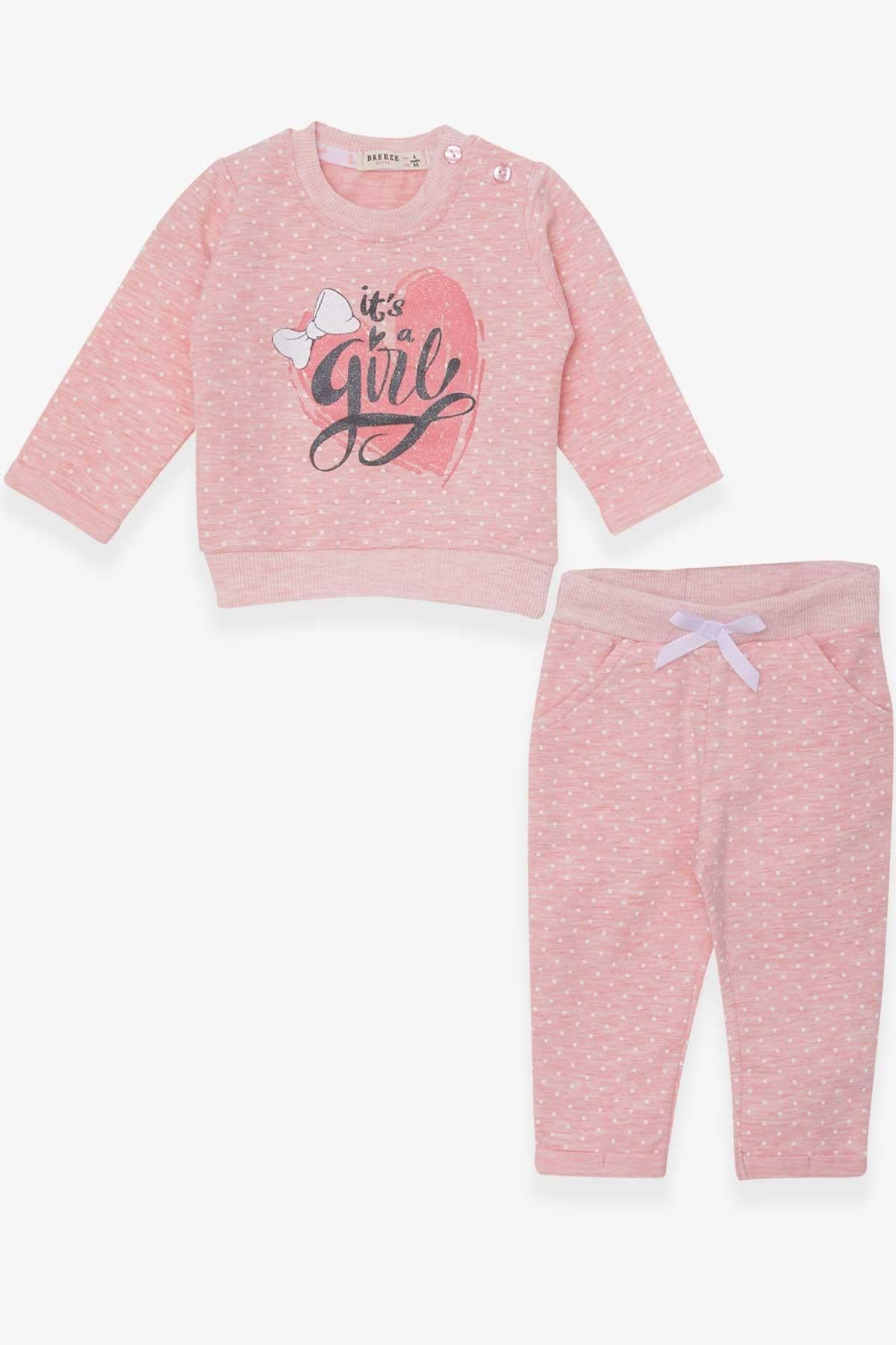 Breeze Kız Bebek Eşofman Takımı Puantiyeli Simli Baskılı Somon Melanj (6 Ay-2 Yaş)