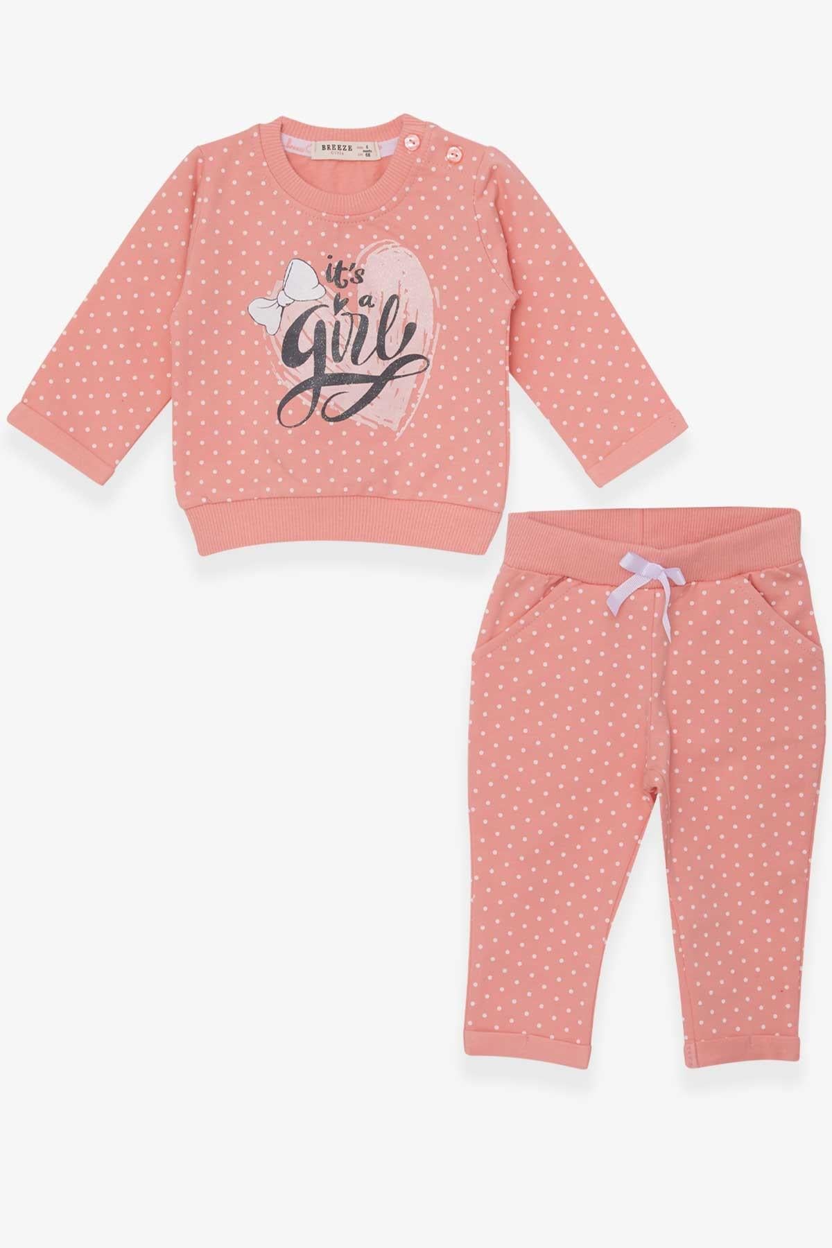 Breeze Kız Bebek Eşofman Takımı Puantiyeli Simli Baskılı Somon (6 Ay-2 Yaş)