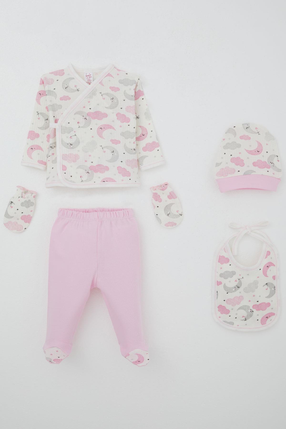 Breeze Kız Bebek Hastane Çıkışı 5 li Gökyüzü Temalı Uykucu Ay Desenli Ekru (0-3 Ay)