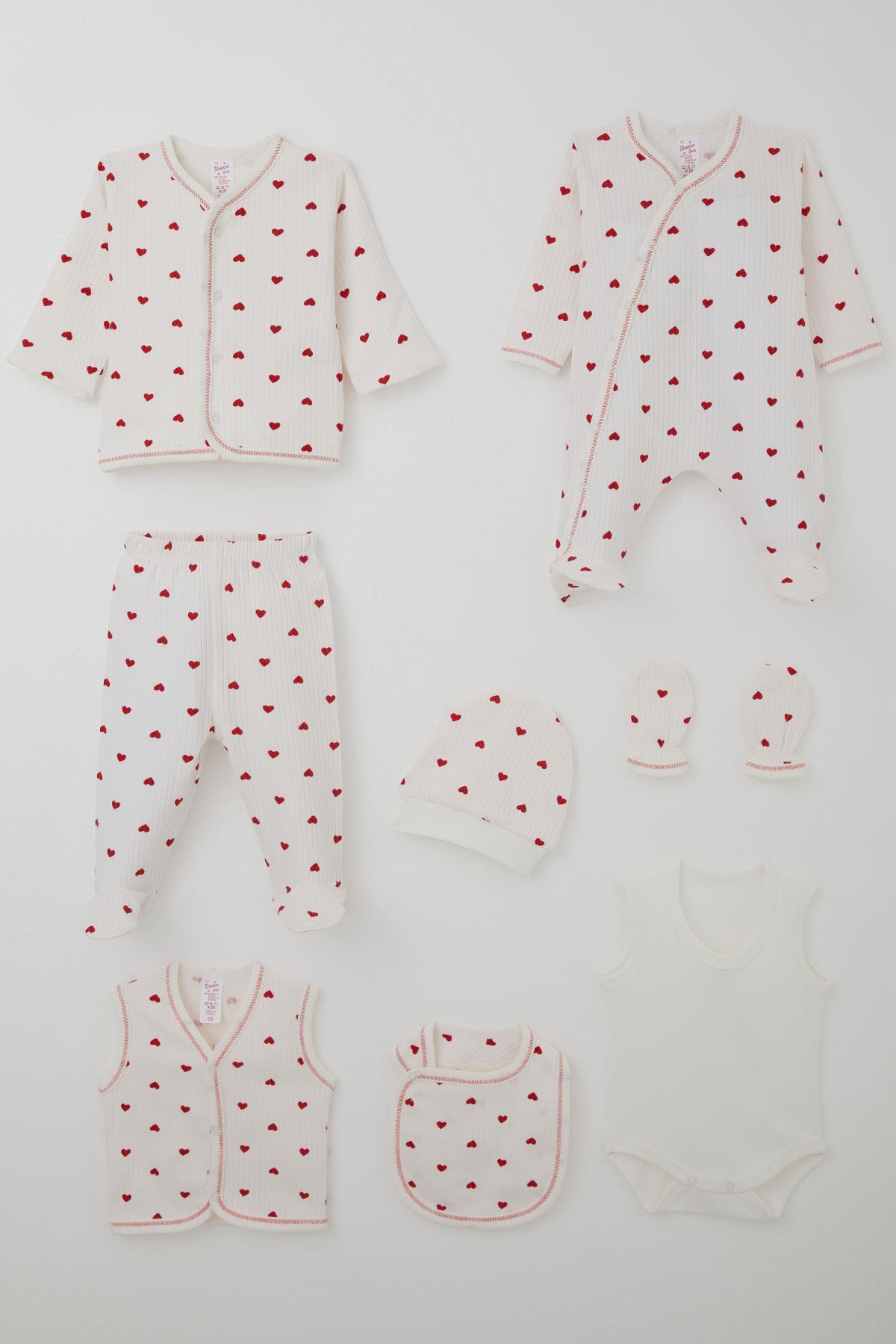 Breeze Kız Bebek Hastane Çıkışı 8 li Kalp Desenli Ekru (0-3 Ay)