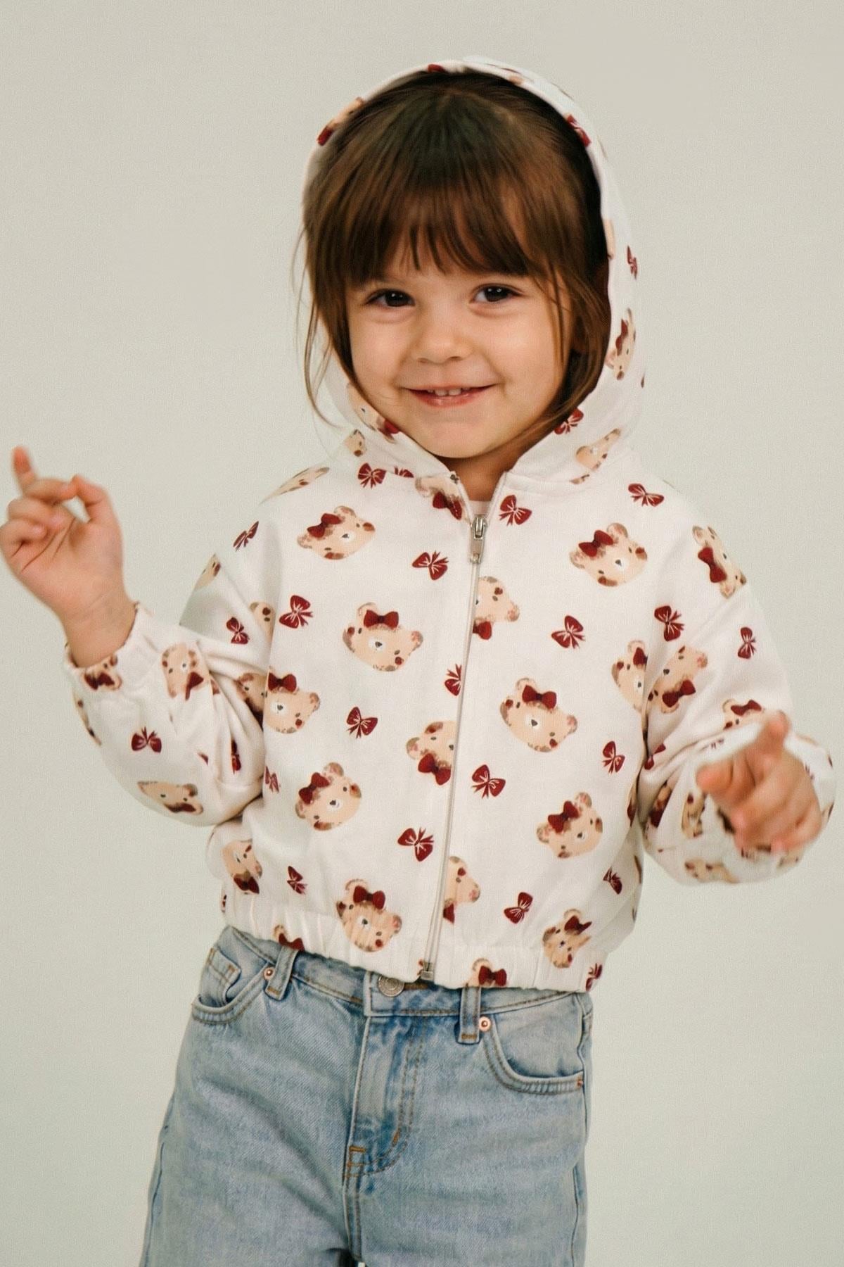 Breeze Kız Bebek Hırka Sevimli Fiyonklu Ayıcık Desenli Ekru (9 Ay-3 Yaş)