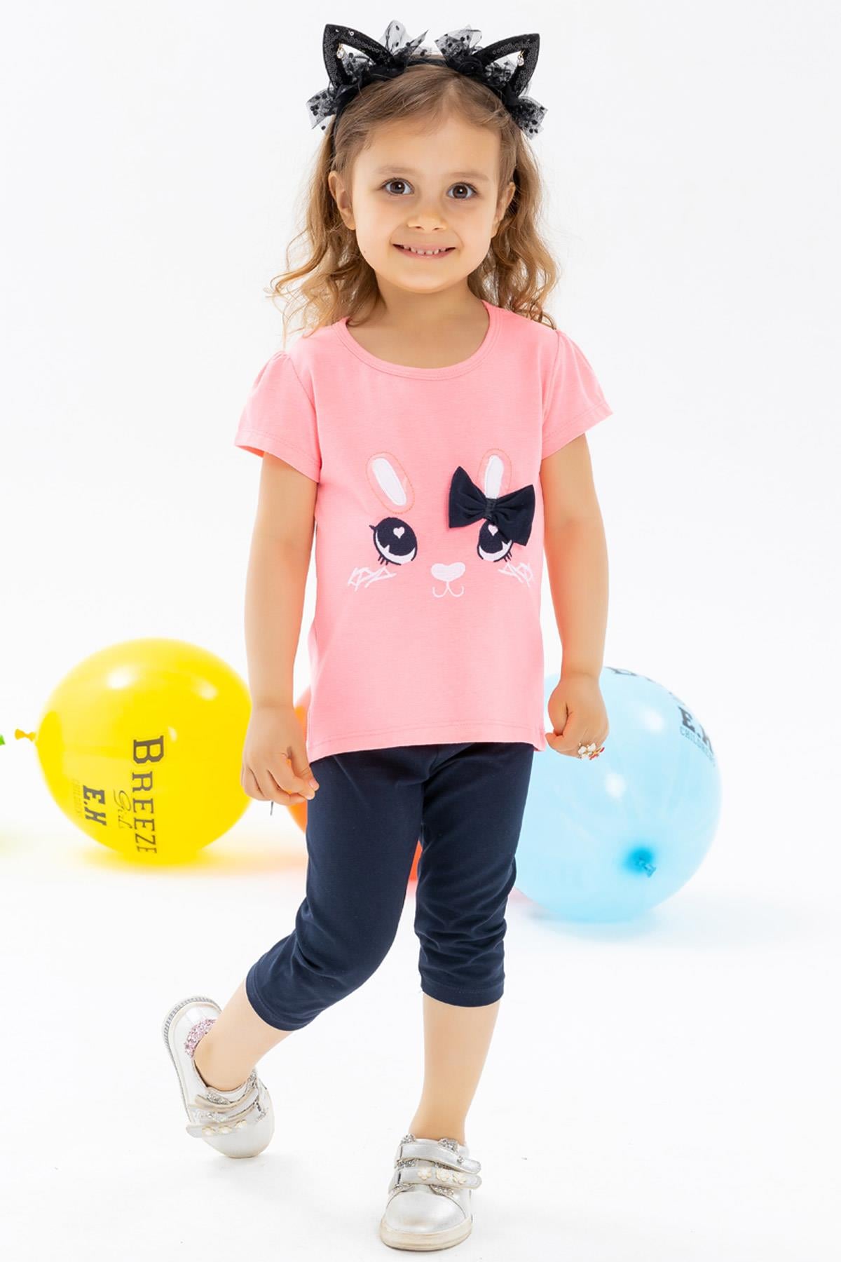 Breeze Kız Bebek Kapri Taytlı Takım Tavşancık Nakışlı Neon Pembe (1-2 Yaş)