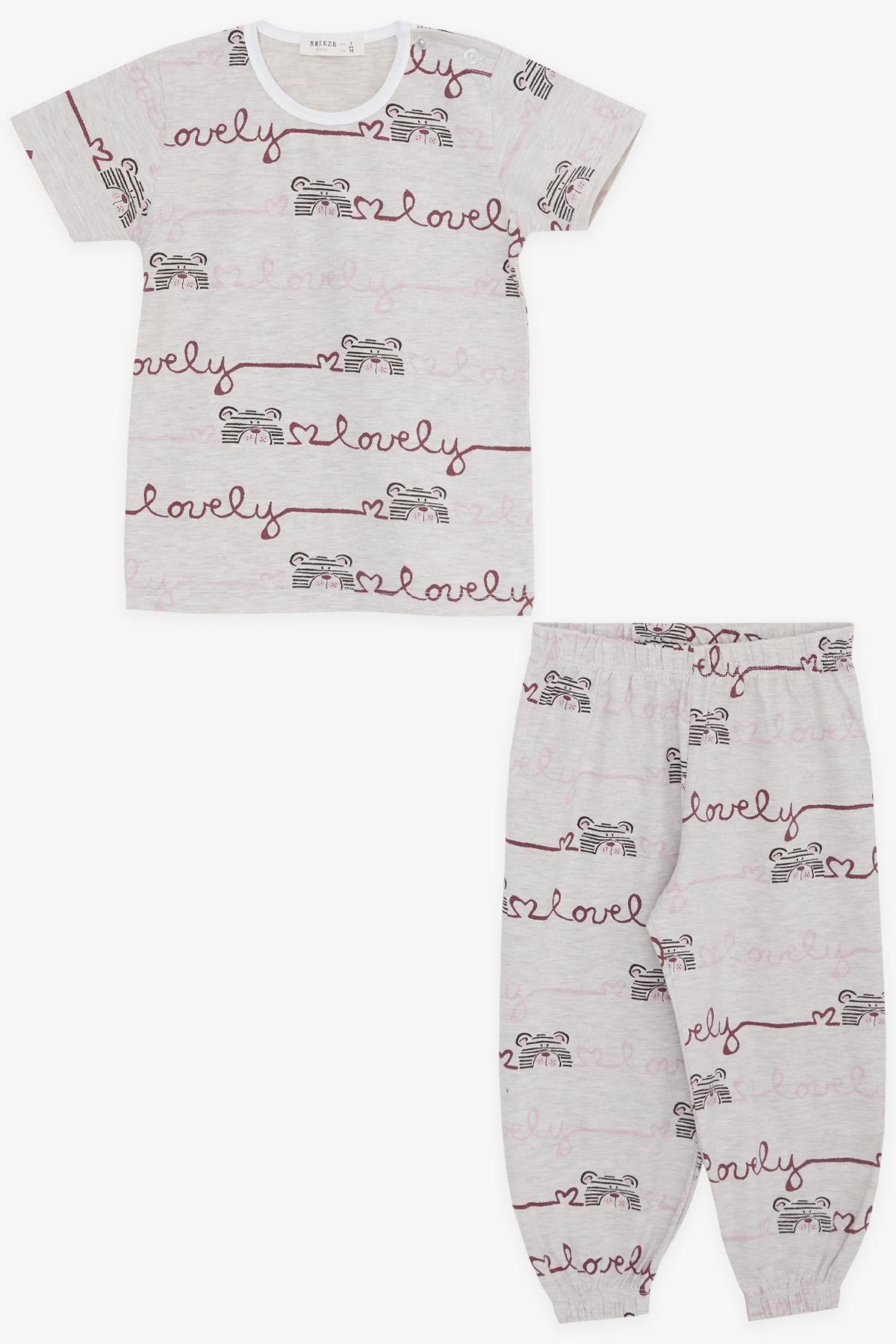 Breeze Kız Bebek Kısa Kollu Pijama Takımı Sevimli Ayıcık Desenli Bej Melanj (9 Ay-3 Yaş)