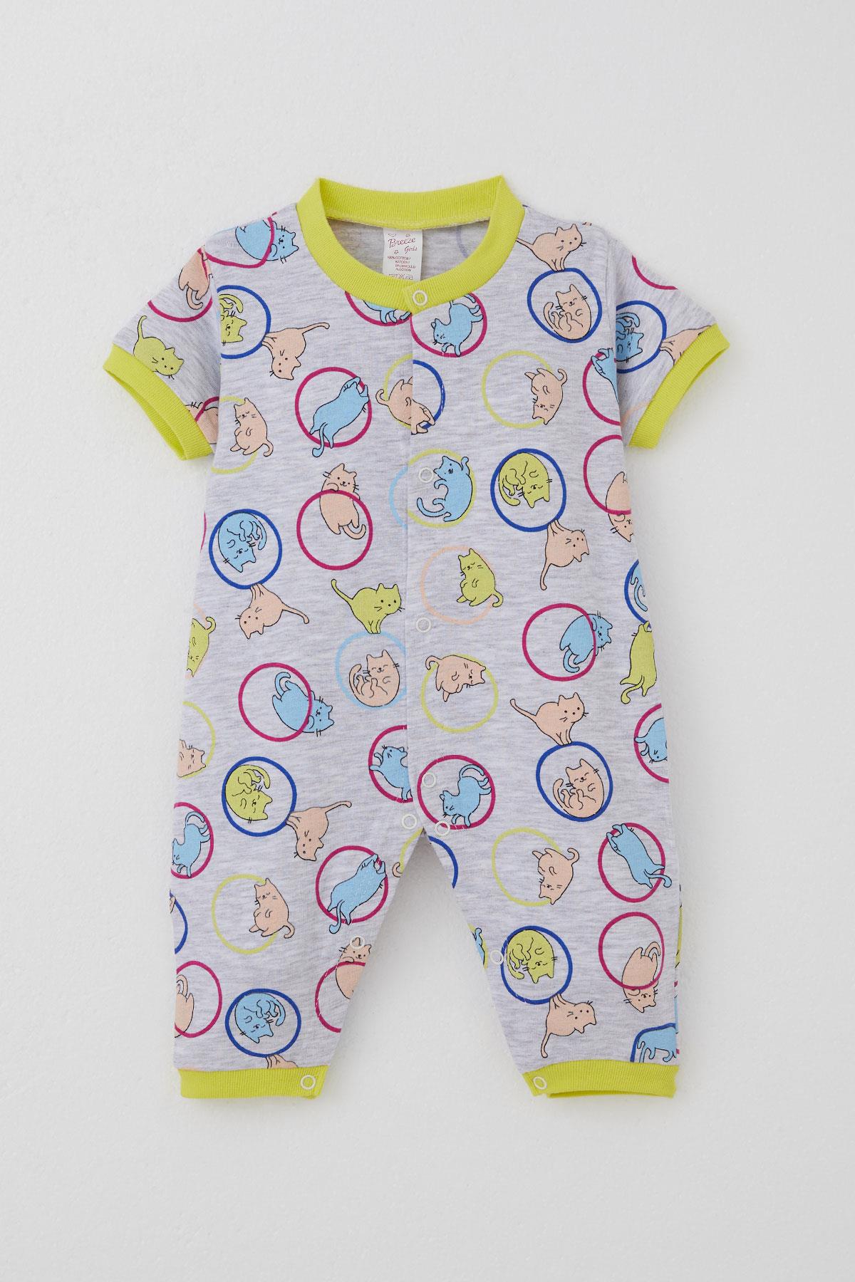Breeze Kız Bebek Kısa Kollu Tulum Sevimli Kedicik Desenli Açık Gri Melanj (0-6 Ay)