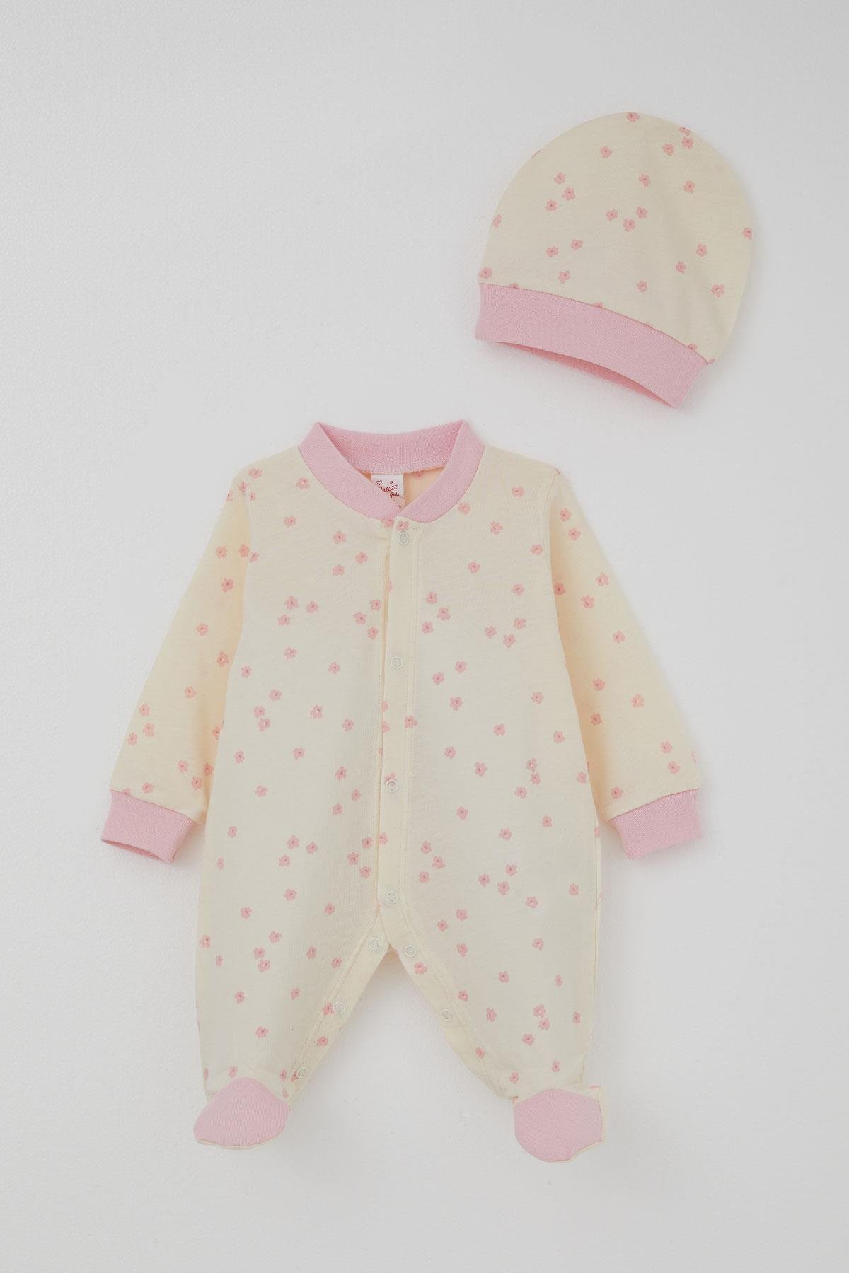 Breeze Kız Bebek Patikli Tulum Çiçek Desenli Krem (0-6 Ay)