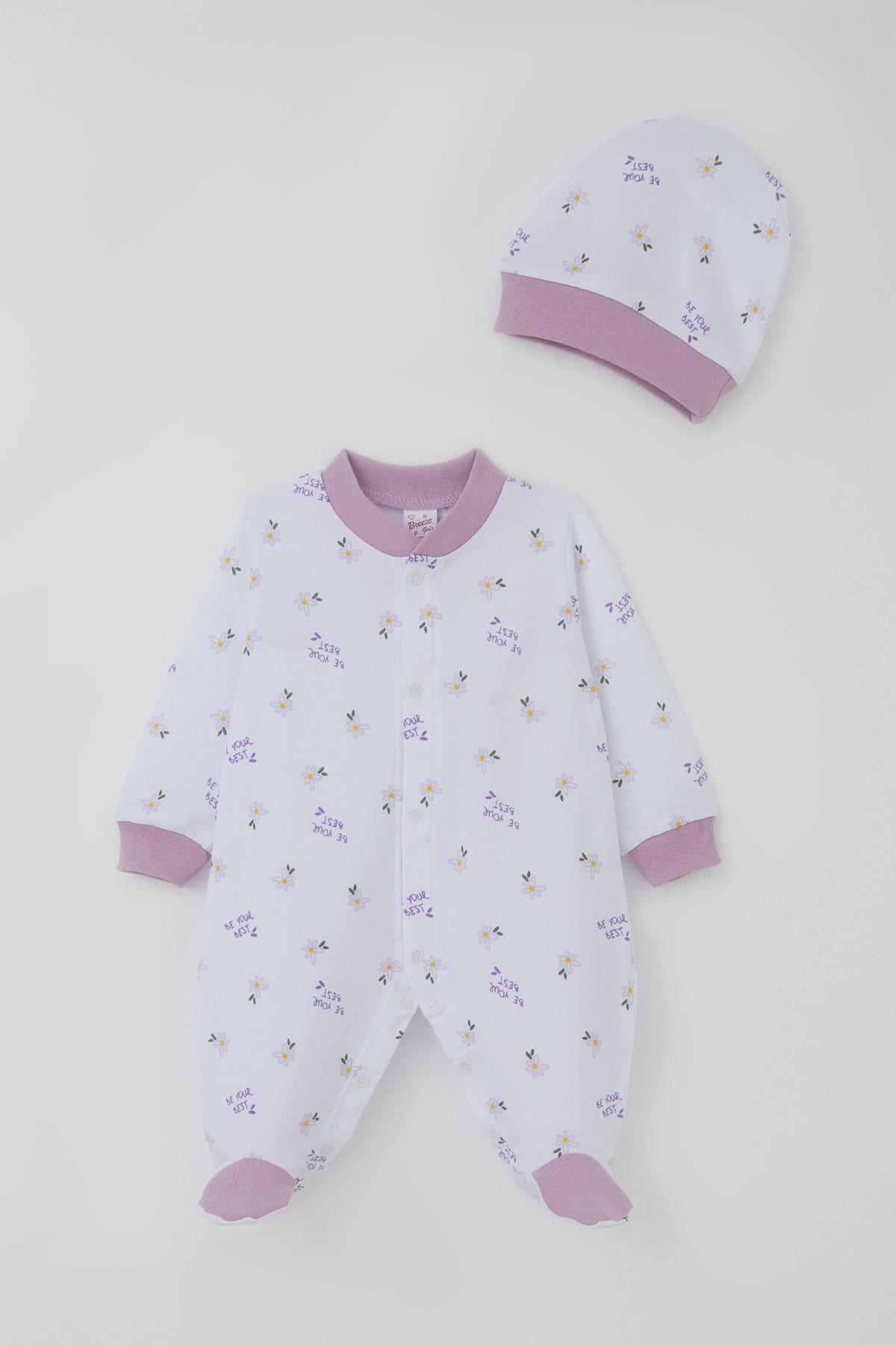 Breeze Kız Bebek Patikli Tulum Çiçek & Yazı Desenli Beyaz (0-6 Ay)