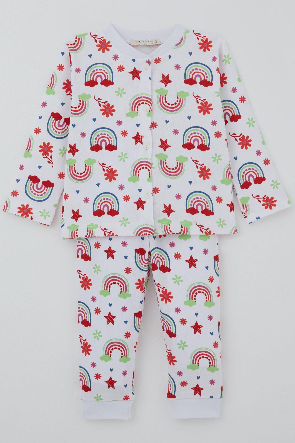 Breeze Kız Bebek Pijama Takımı Gökkuşağı Masalı Çiçek Desenli Beyaz (4 Ay-1 Yaş)