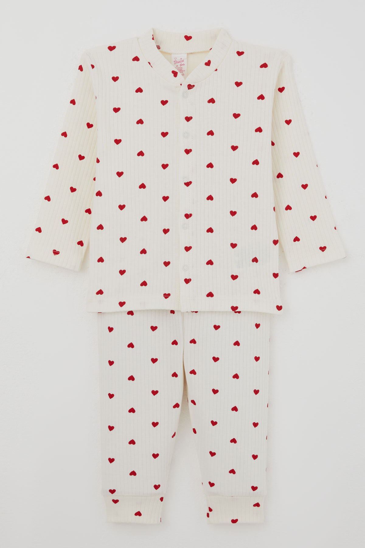 Breeze Kız Bebek Pijama Takımı Kalp Desenli Önden Çıtçıtlı Krem (4 Ay - 1 Yaş)