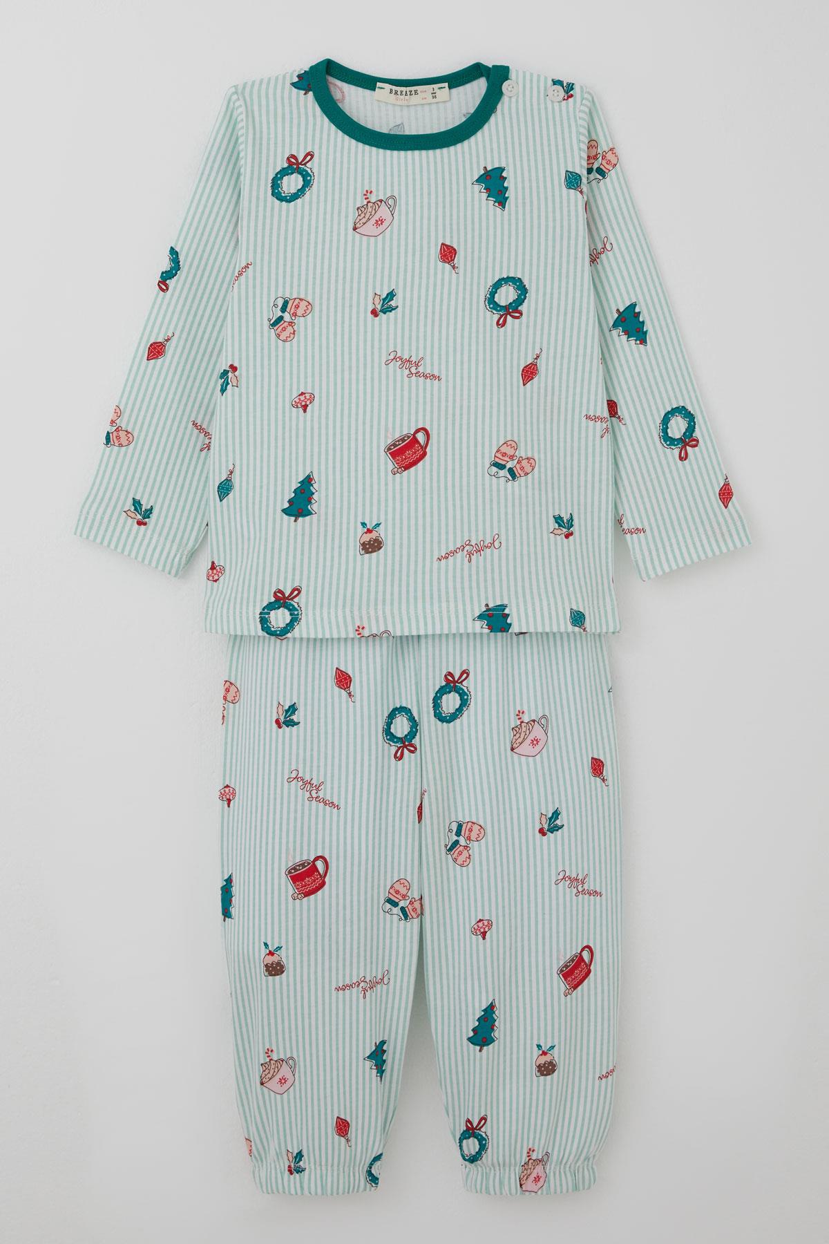 Breeze Kız Bebek Pijama Takımı Neşeli Sezon Yılbaşı Temalı Su Yeşili (9 Ay-3 Yaş)