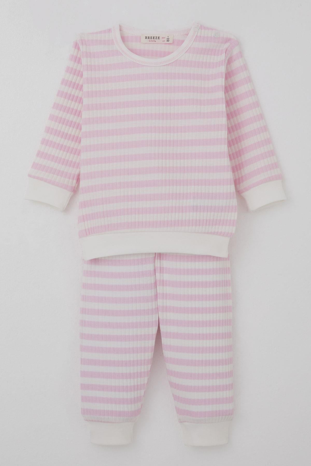 Breeze Kız Bebek Pijama Takımı Omuzdan Patlı Kendinden Desenli Pembe (4 Ay-1 Yaş)