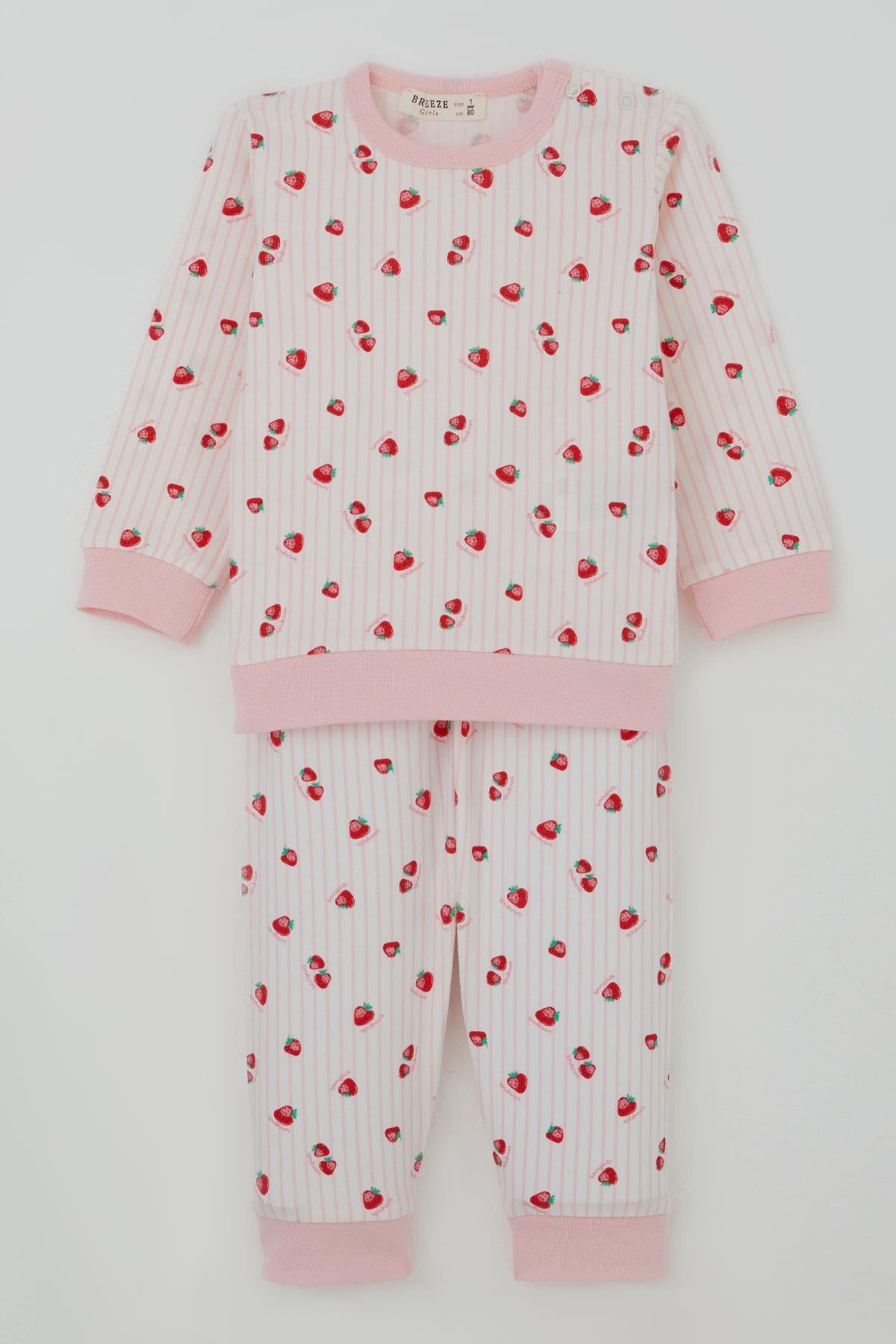 Breeze Kız Bebek Pijama Takımı Omuzdan Patlı Çilek Desenli Ekru (4 Ay-1 Yaş)