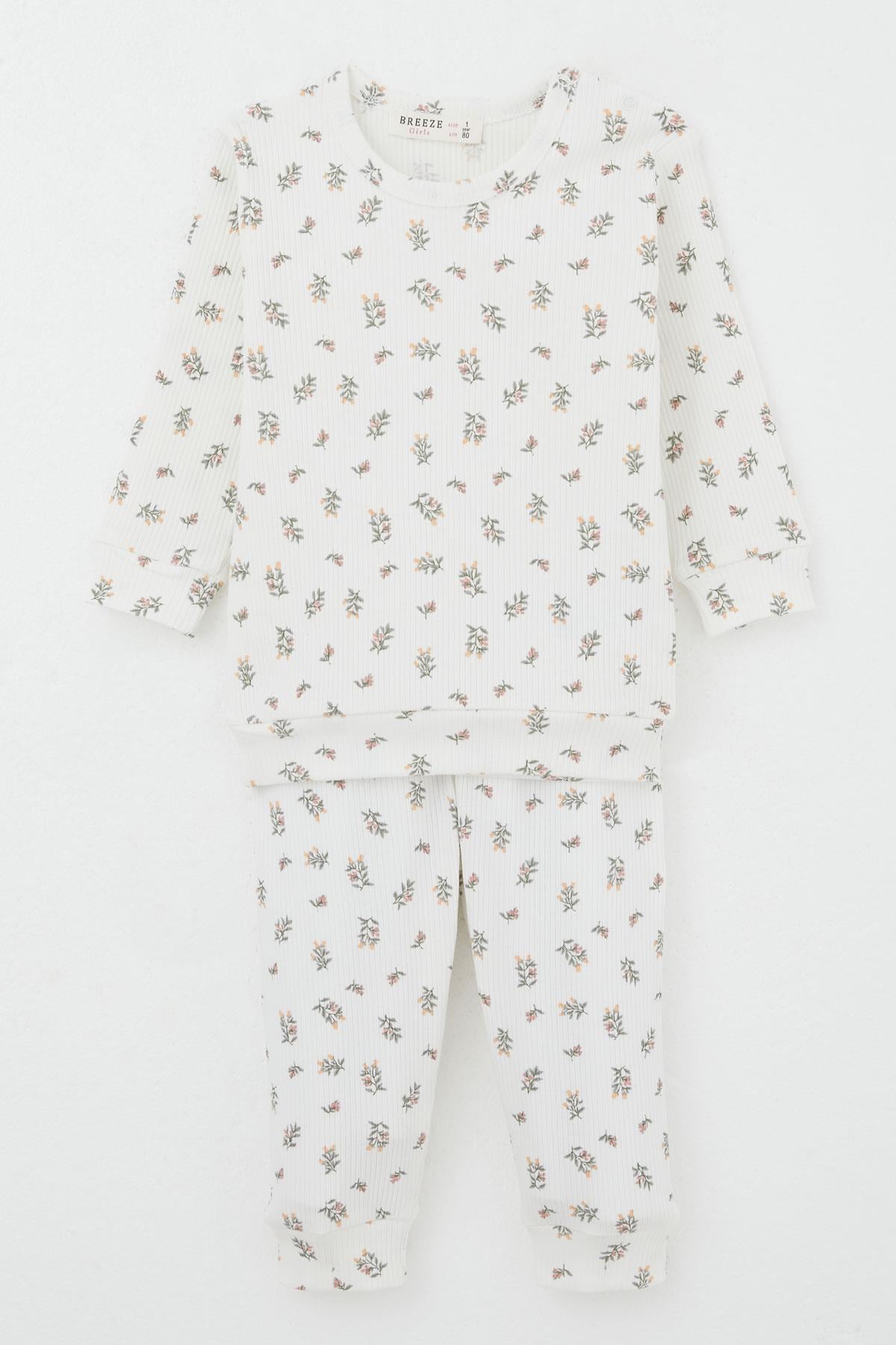 Breeze Kız Bebek Pijama Takımı Omuzdan Patlı Çiçek Desenli Ekru (4 Ay-1 Yaş)
