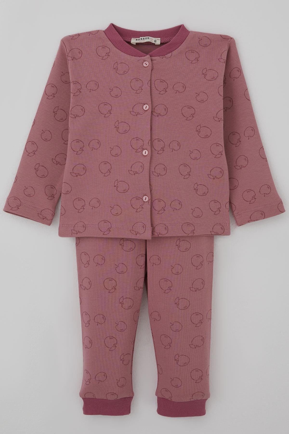 Breeze Kız Bebek Pijama Takımı Önden Düğmeli Elma Desenli Gülkurusu (4 Ay-1 Yaş)