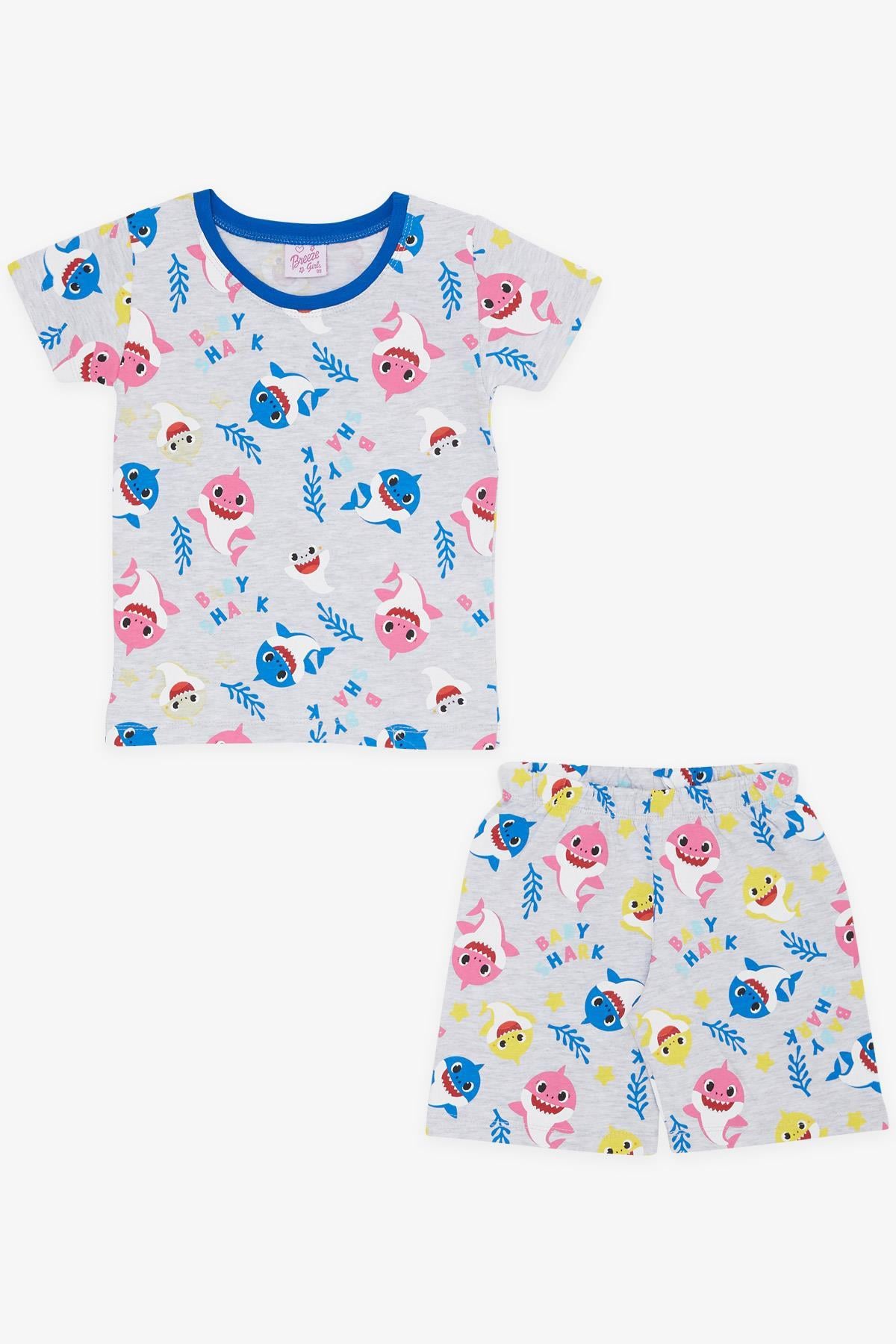 Breeze Kız Bebek Pijama Takımı Renkli Köpekbalığı Desenli Açık Gri Melanj (9 Ay-3 Yaş)